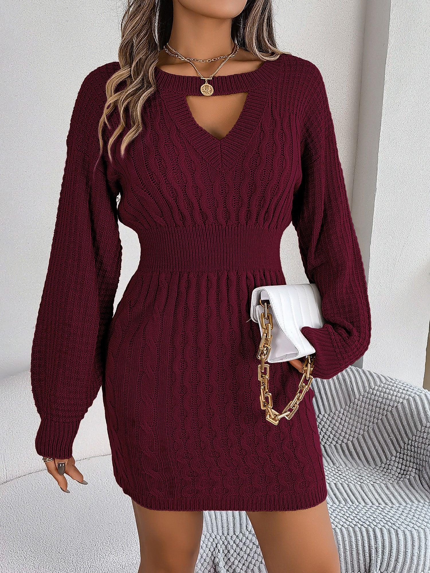 Mini Robe Pull Femme Automne et Hiver A Line Manches Longue Chic #Couleur_Bordeaux