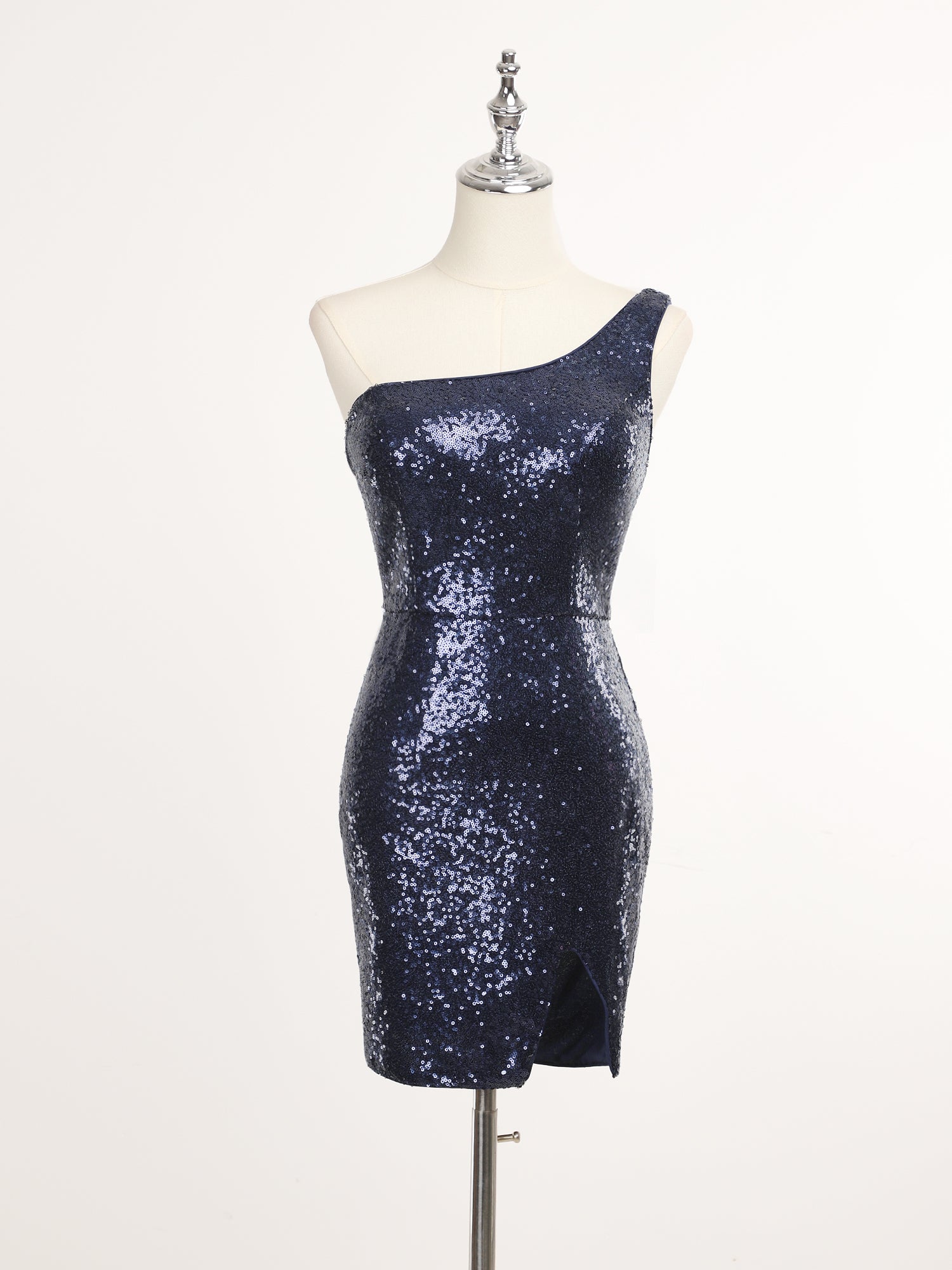 Robe moulante glamour à une épaule à sequins avec fente haute #Couleur_Bleu Marine