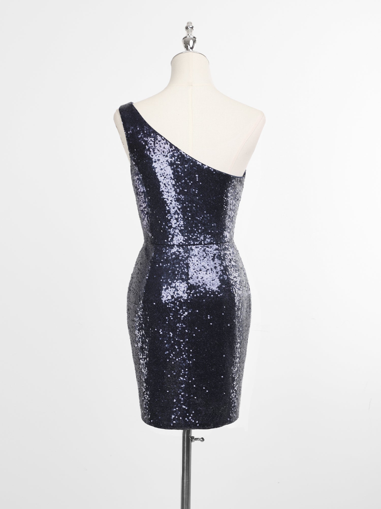 Robe moulante glamour à une épaule à sequins avec fente haute #Couleur_Bleu Marine