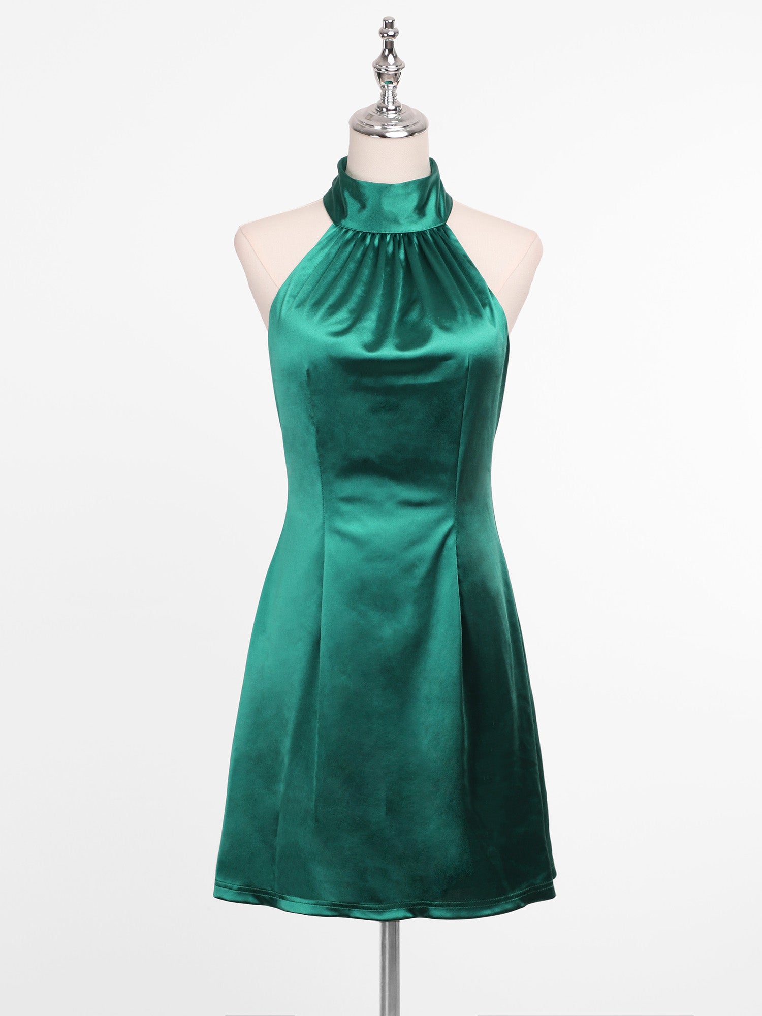 Robe Licou Courte Dos Nu A-ligne Satin #Couleur_Vert Fonce