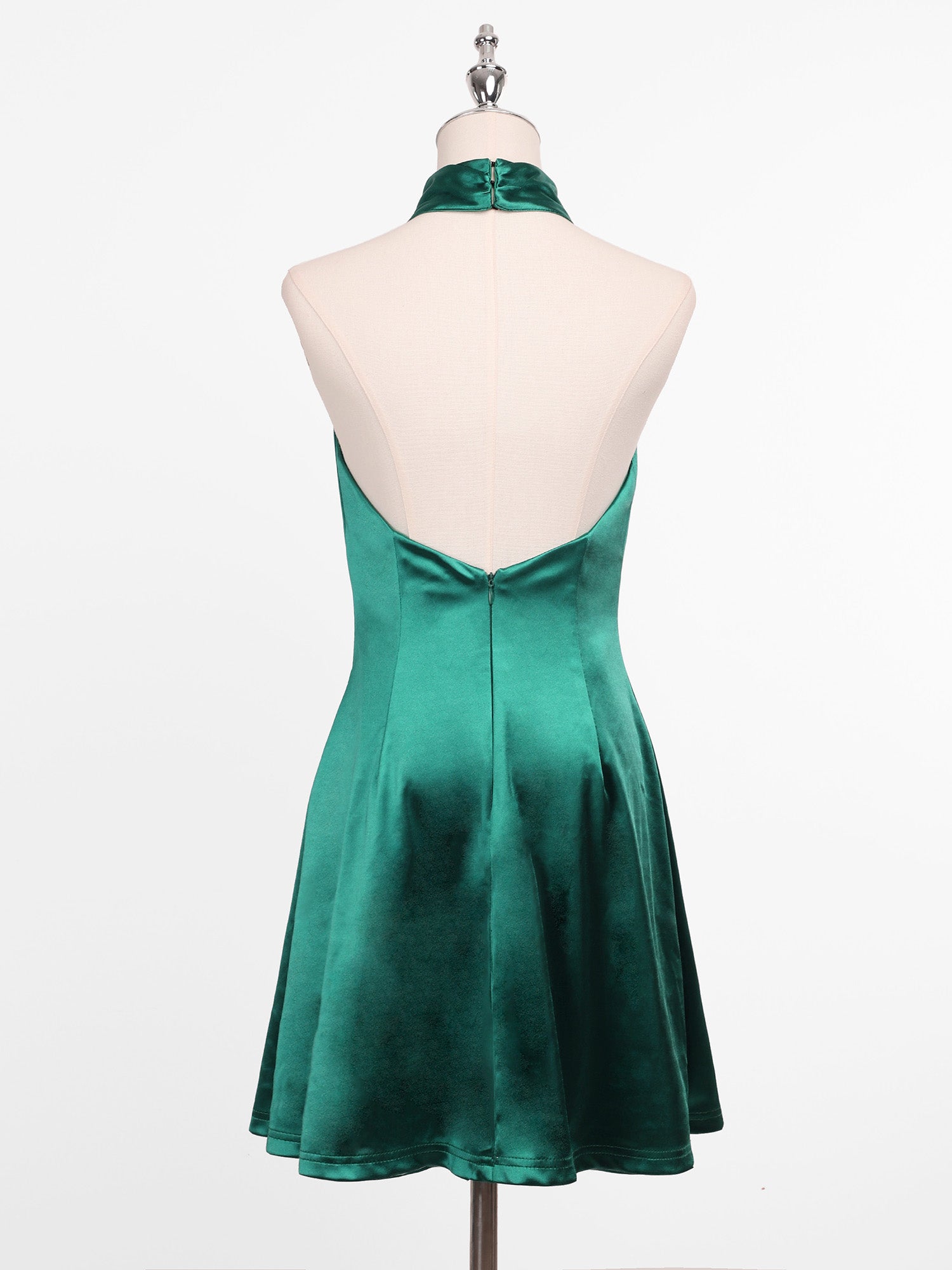 Robe Licou Courte Dos Nu A-ligne Satin #Couleur_Vert Fonce