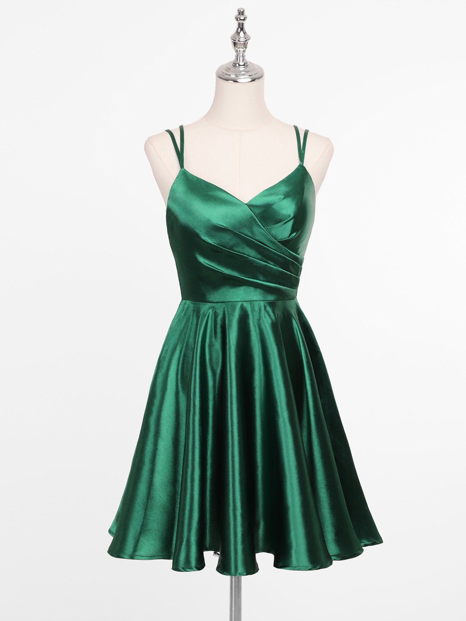 Robe de soirée plissée en satin trapèze à double bretelle spaghetti et col en V #Couleur_Vert Fonce