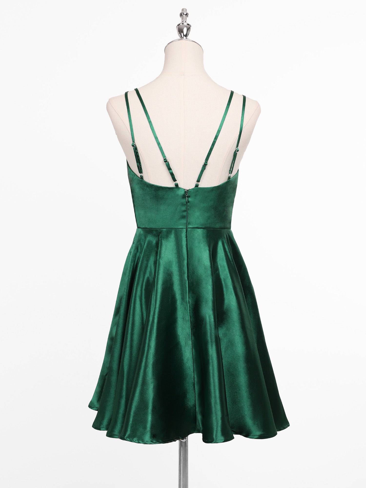 Robe de soirée plissée en satin trapèze à double bretelle spaghetti et col en V #Couleur_Vert Fonce