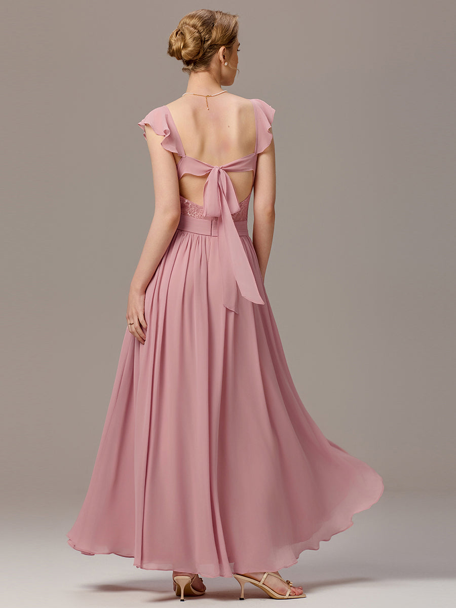 Robe de demoiselle d'honneur trapèze à bretelles croisées et dos nu #Couleur_Rose fumee