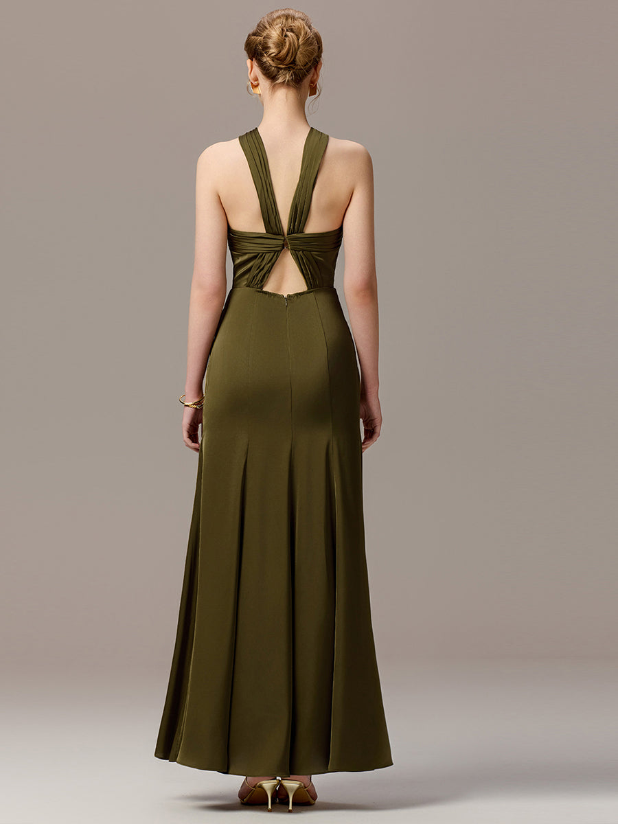 Robe moulante en satin dos nu avec découpe au dos #Couleur_Vert Olive