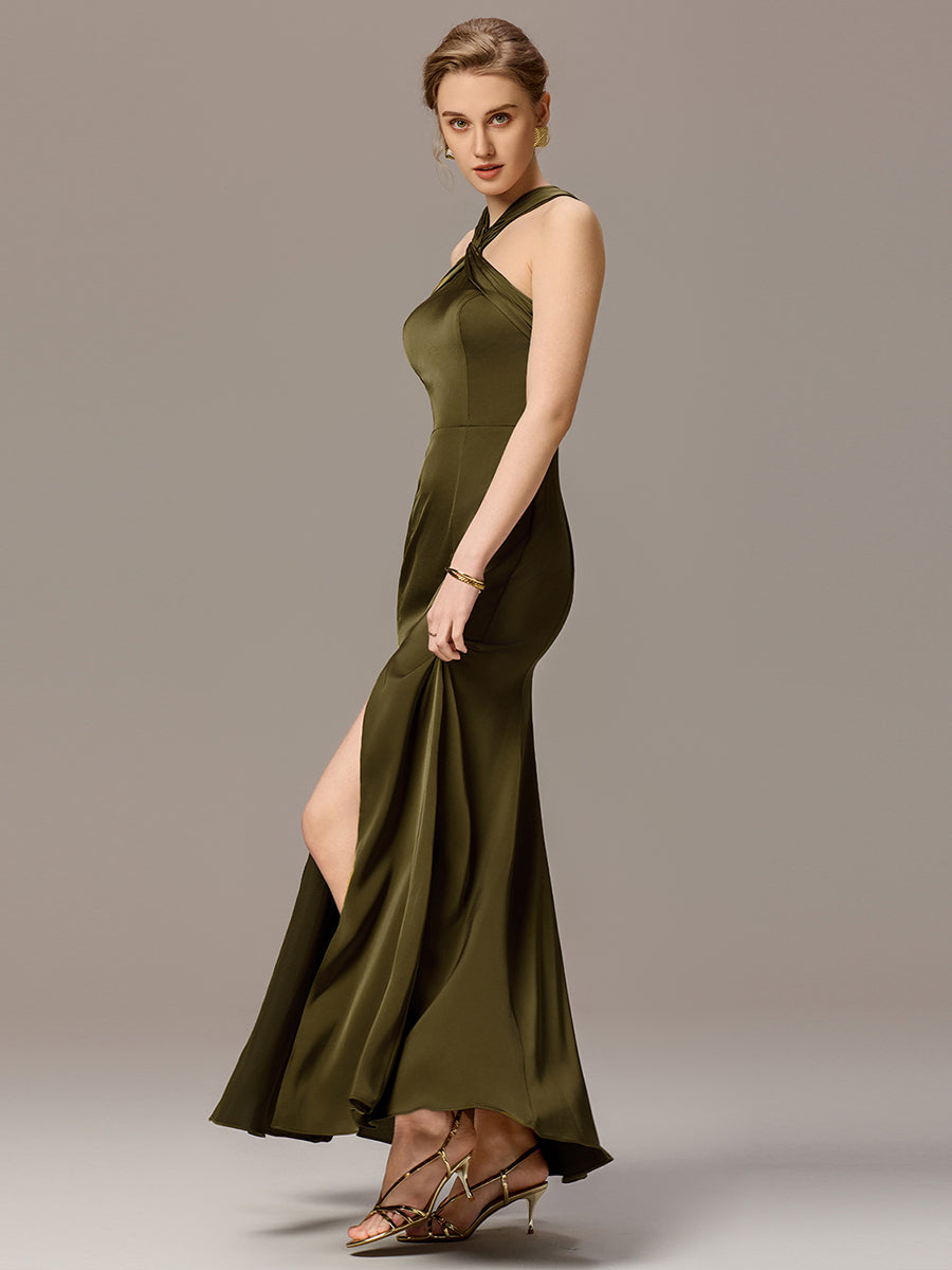 Robe moulante en satin dos nu avec découpe au dos #Couleur_Vert Olive