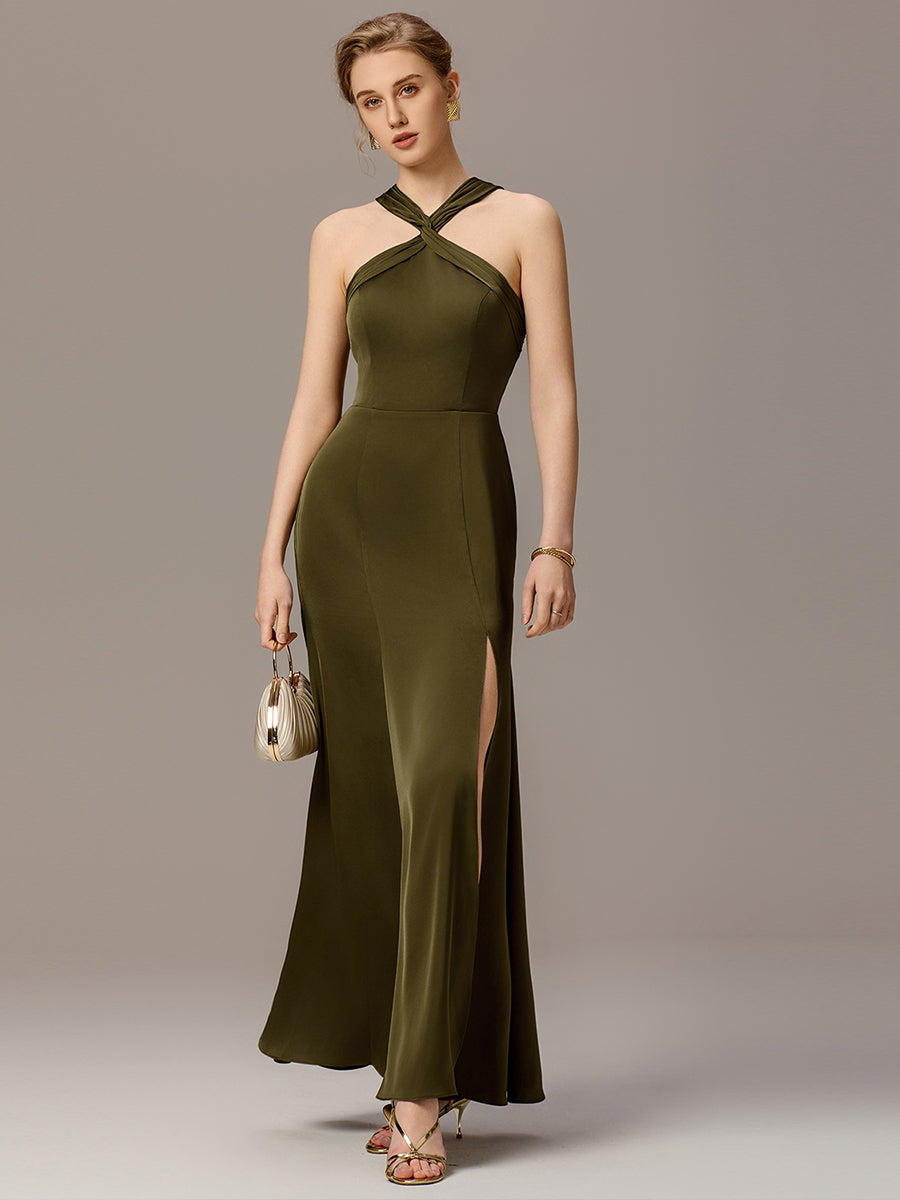 Robe moulante en satin dos nu avec découpe au dos #Couleur_Vert Olive