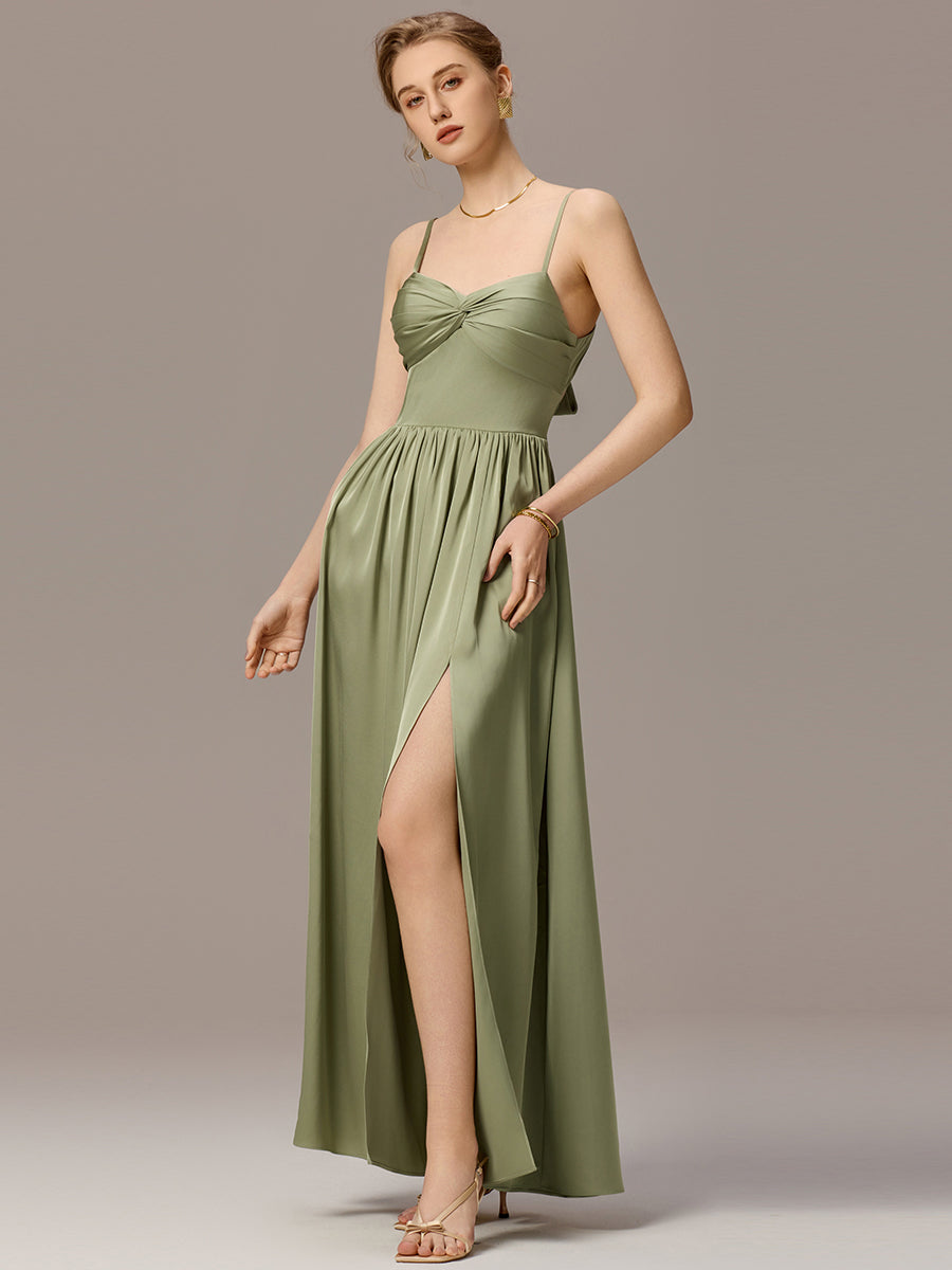 Robe de demoiselle d'honneur sans manches coupe A avec liens creux dans le dos #Couleur_Vert sauge