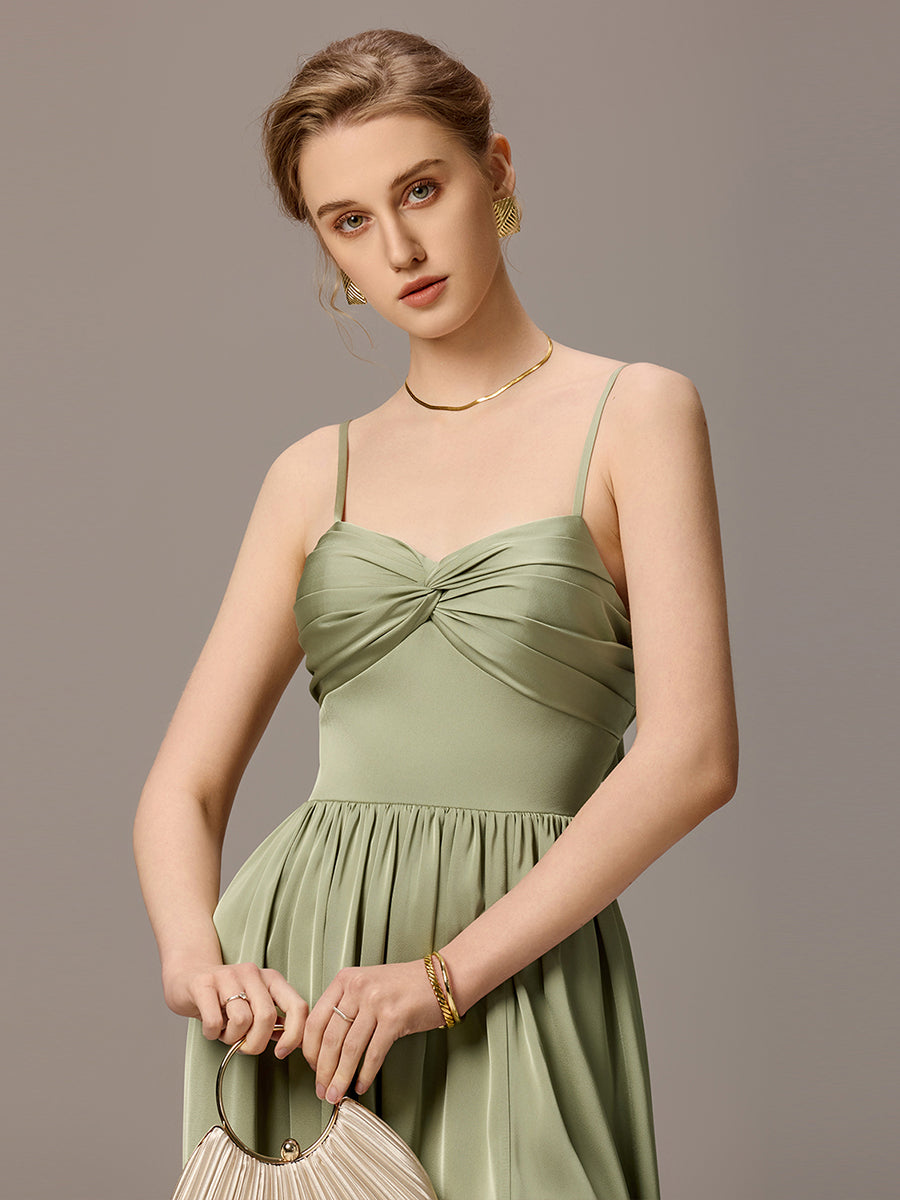 Robe de demoiselle d'honneur sans manches coupe A avec liens creux dans le dos #Couleur_Vert sauge