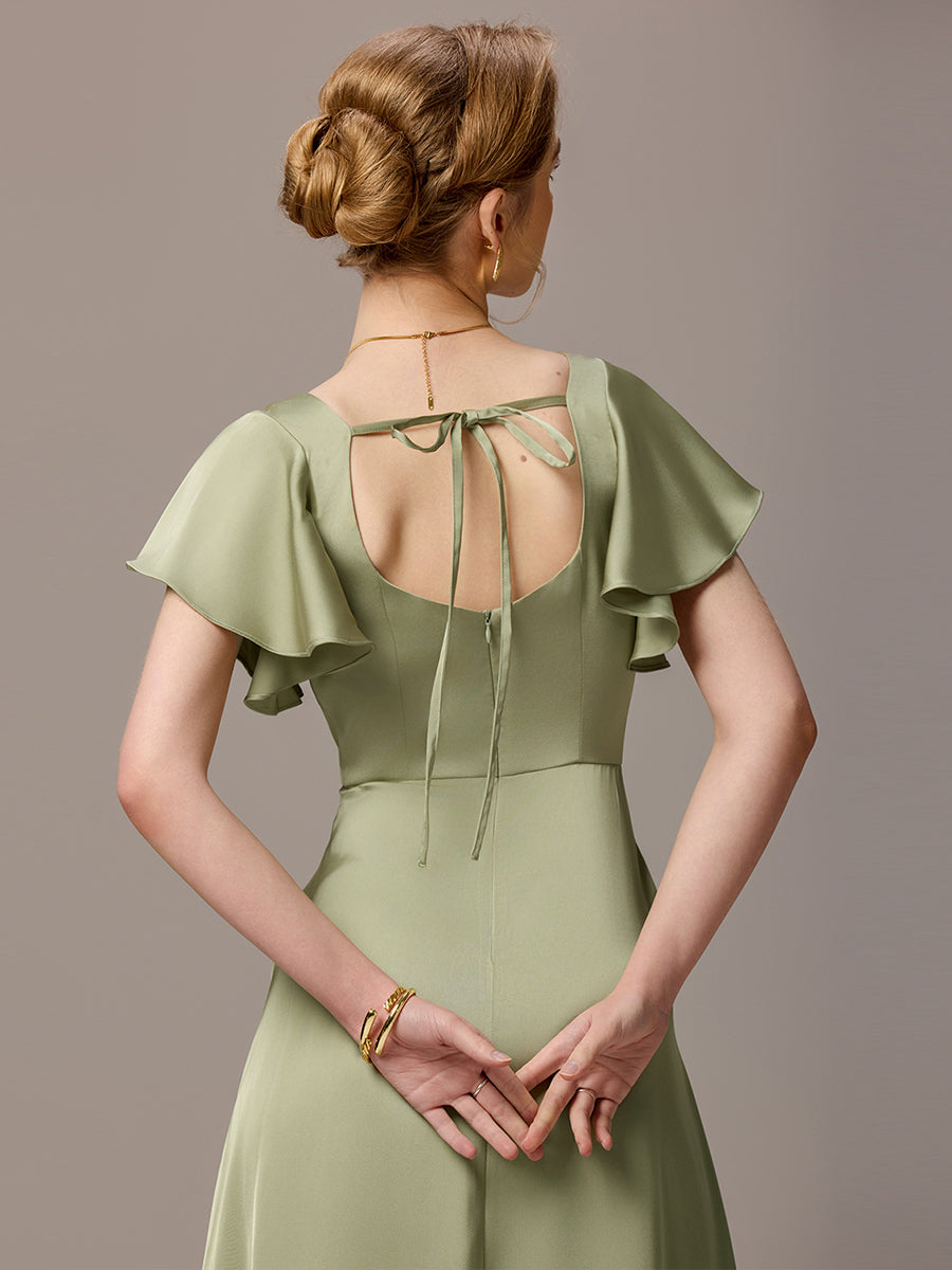 Robe de demoiselle d'honneur en satin à manches volantées et fentes sur le devant #Couleur_Vert sauge