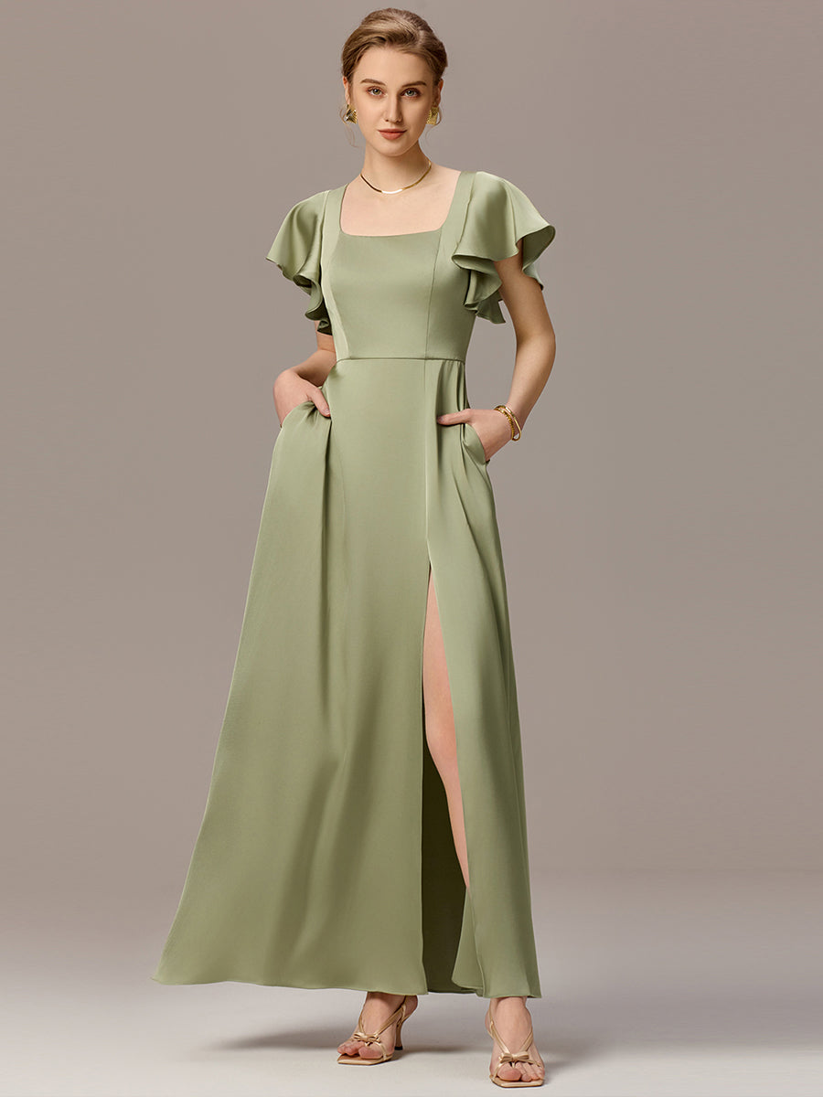 Robe de demoiselle d'honneur en satin à manches volantées et fentes sur le devant #Couleur_Vert sauge