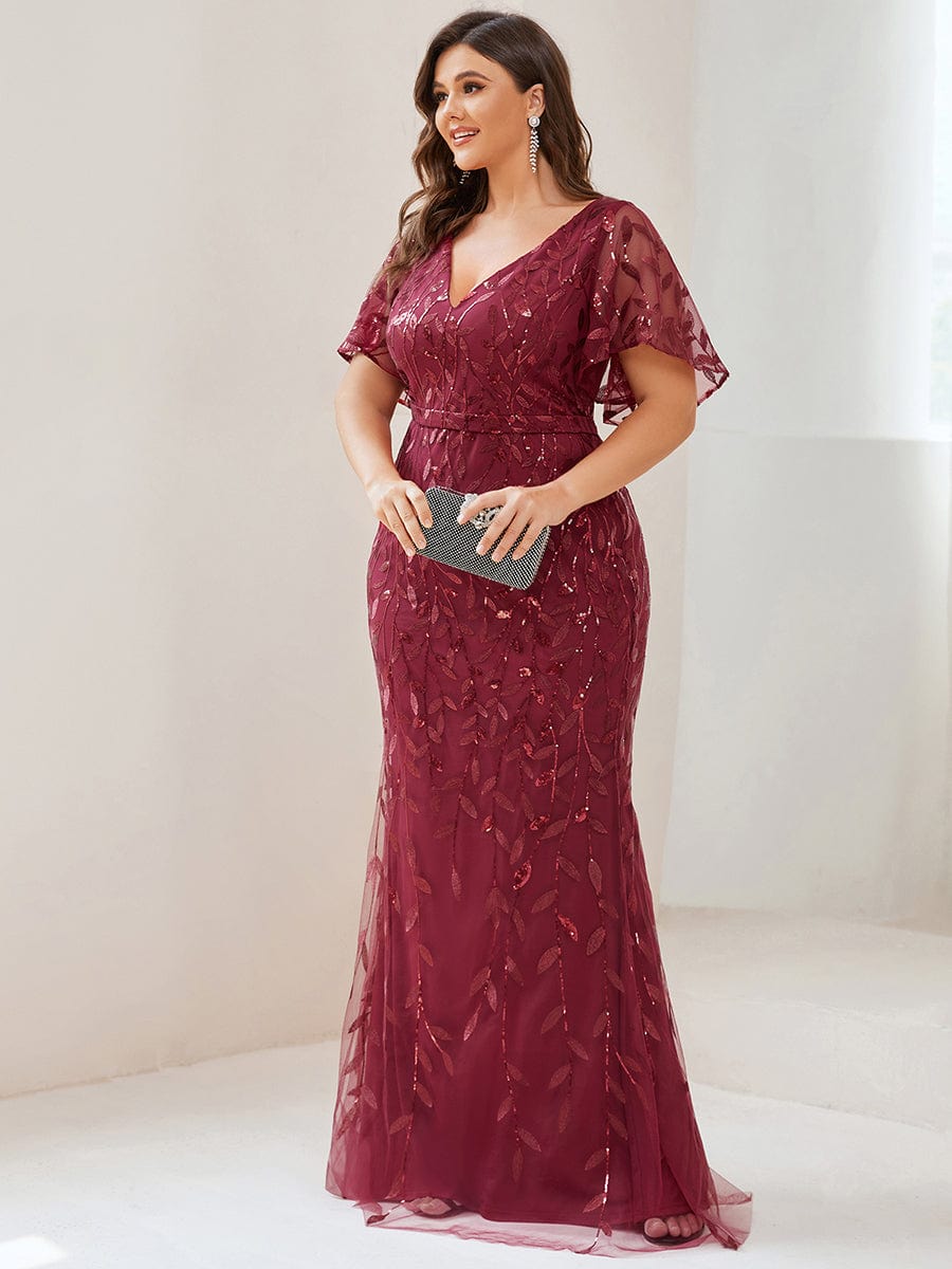 Robe de soirée sirène à paillettes et tulle à col en V grande taille #Couleur_Bordeaux