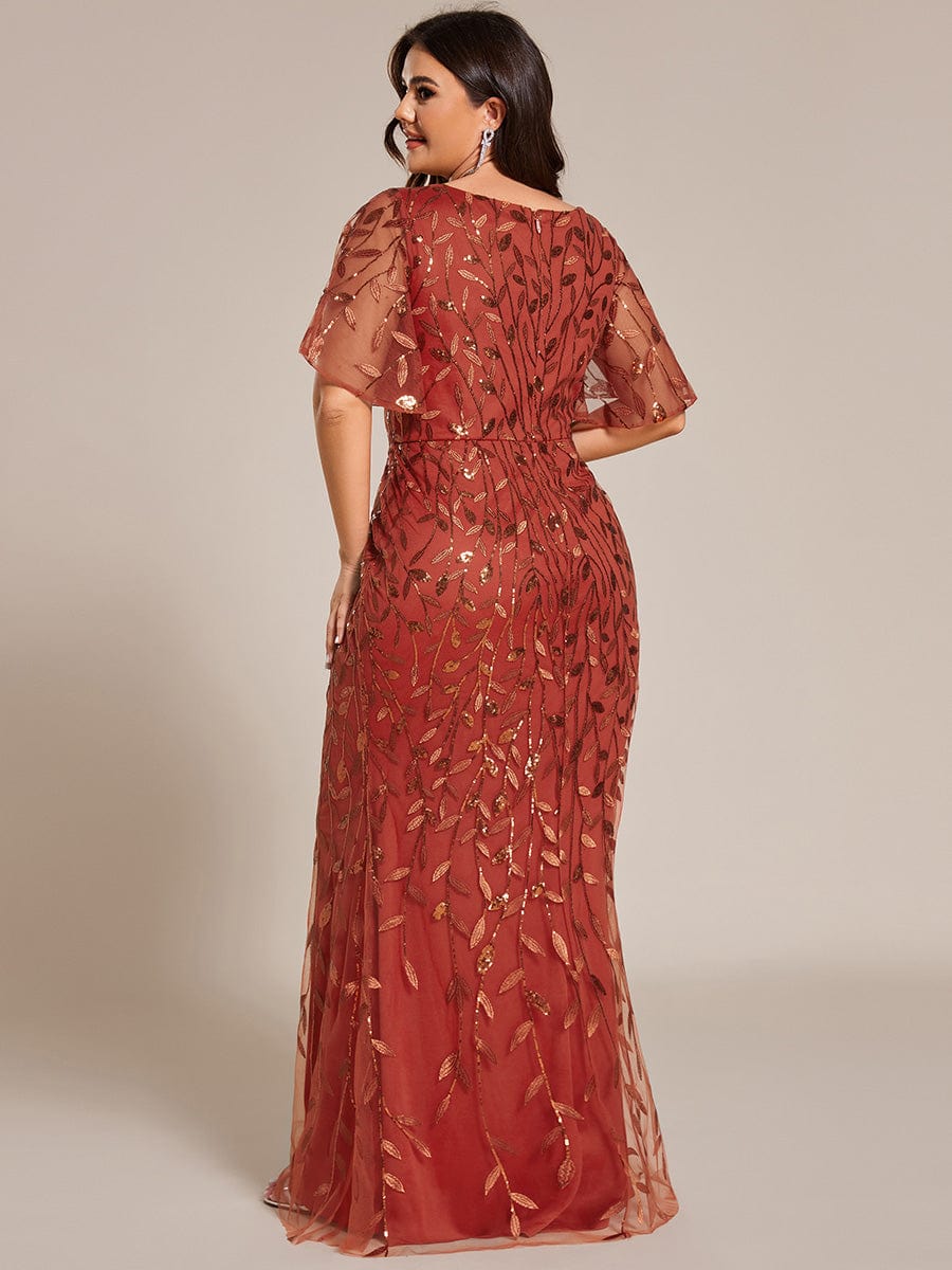 Robe de soirée en queue de poisson à paillettes et feuilles à col en V #Couleur_Orange Brûlée