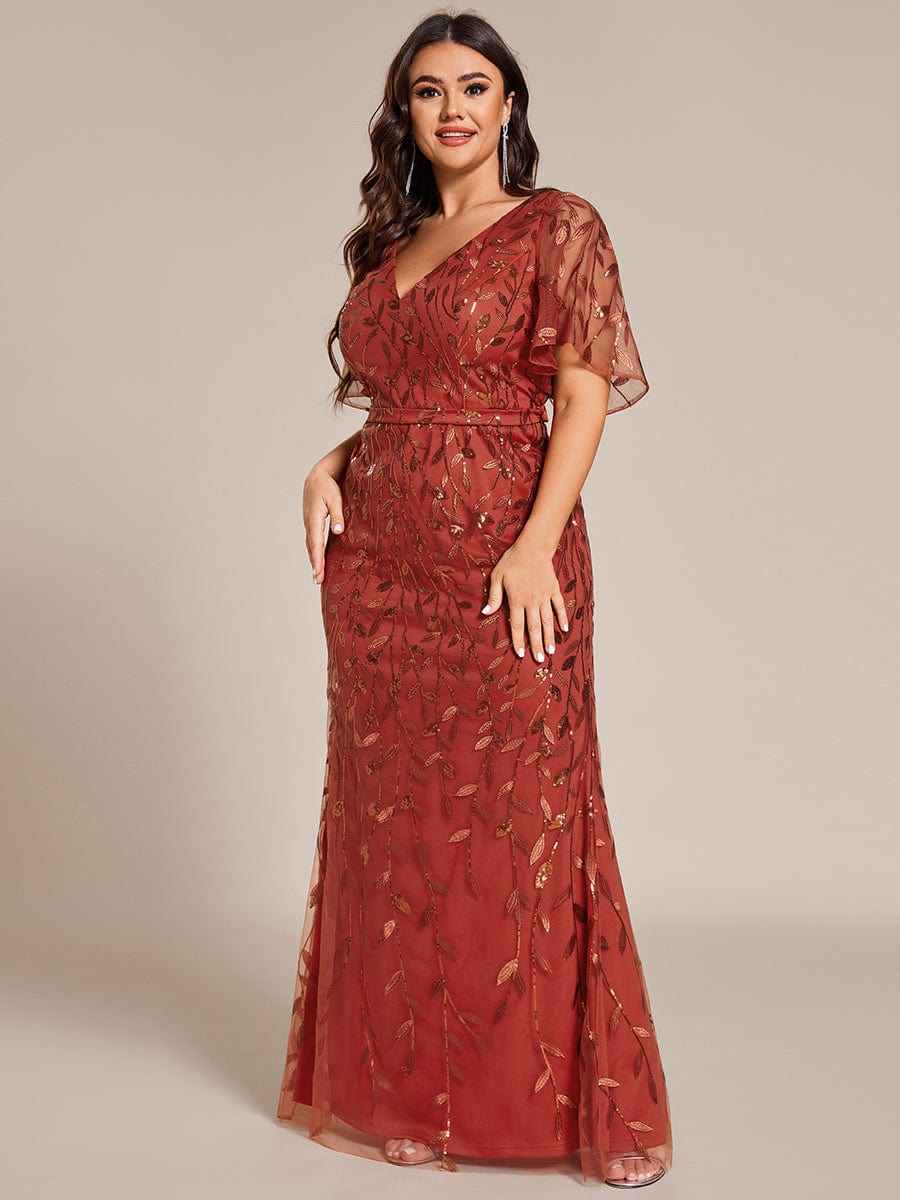 Robe de soirée sirène à paillettes et tulle à col en V grande taille #Couleur_Orange Brûlée