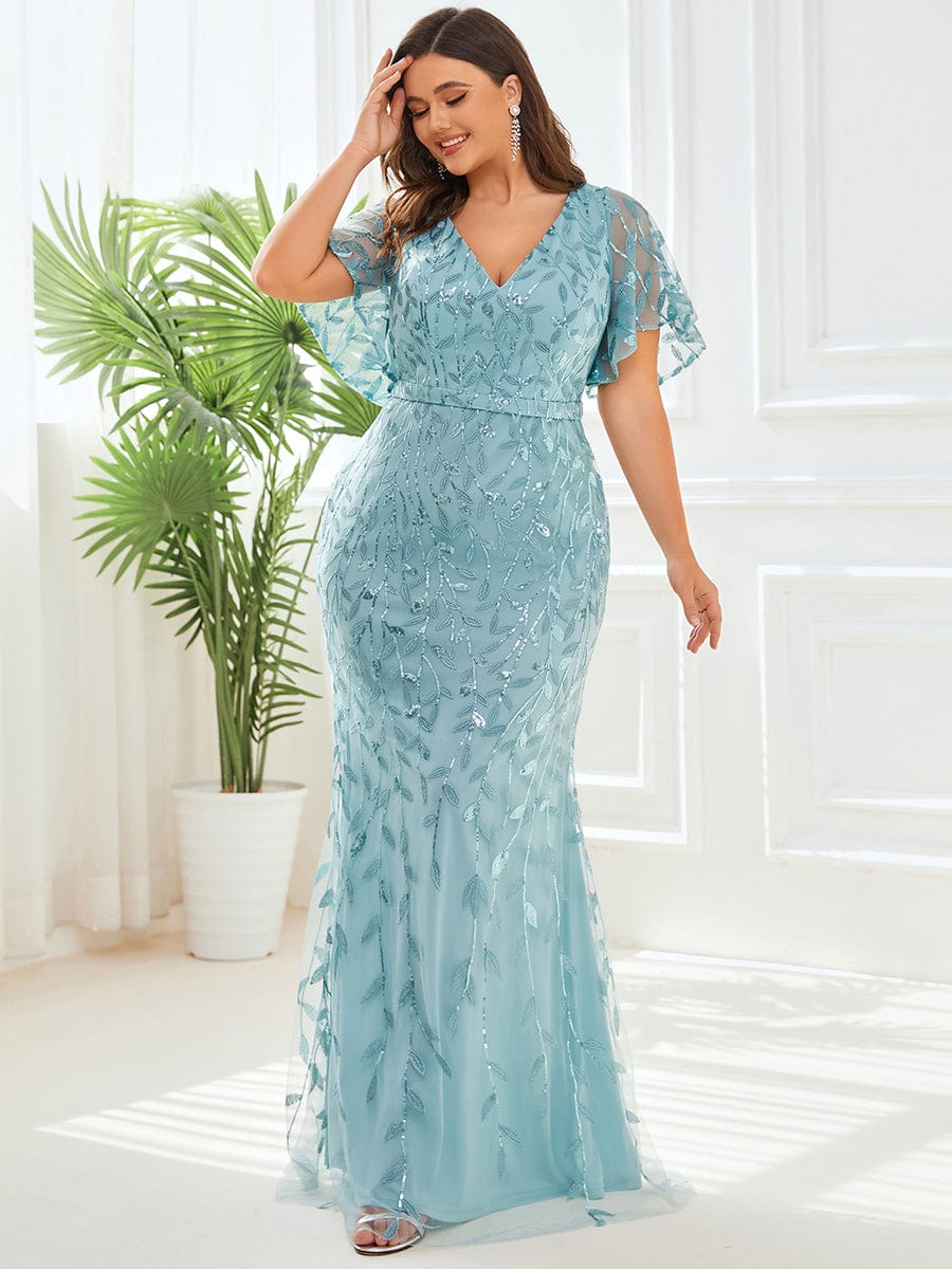 Robe de soirée sirène à paillettes et tulle à col en V grande taille #Couleur_Bleu Fume