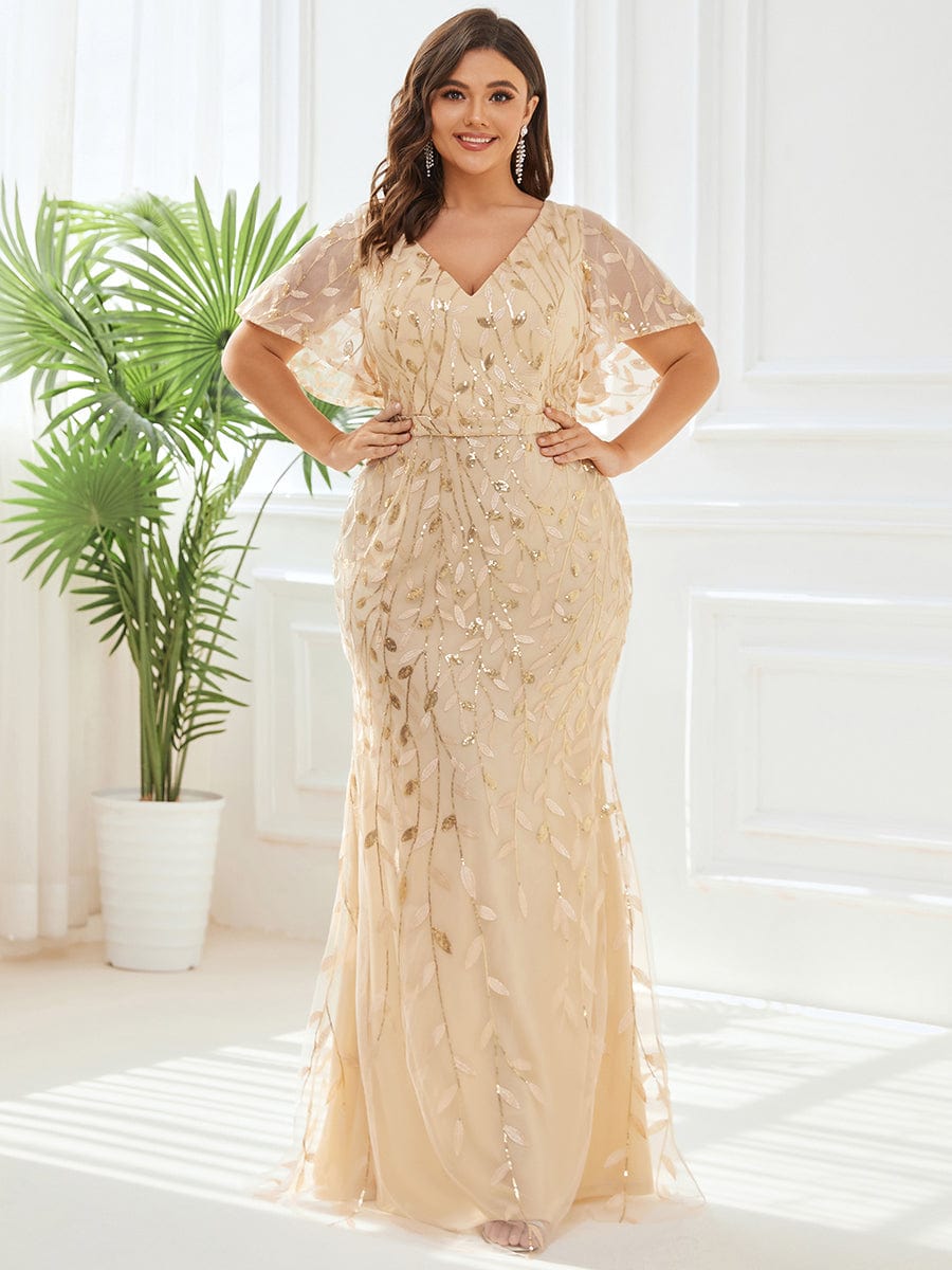 Robe de soirée sirène à paillettes et tulle à col en V grande taille #Couleur_Or