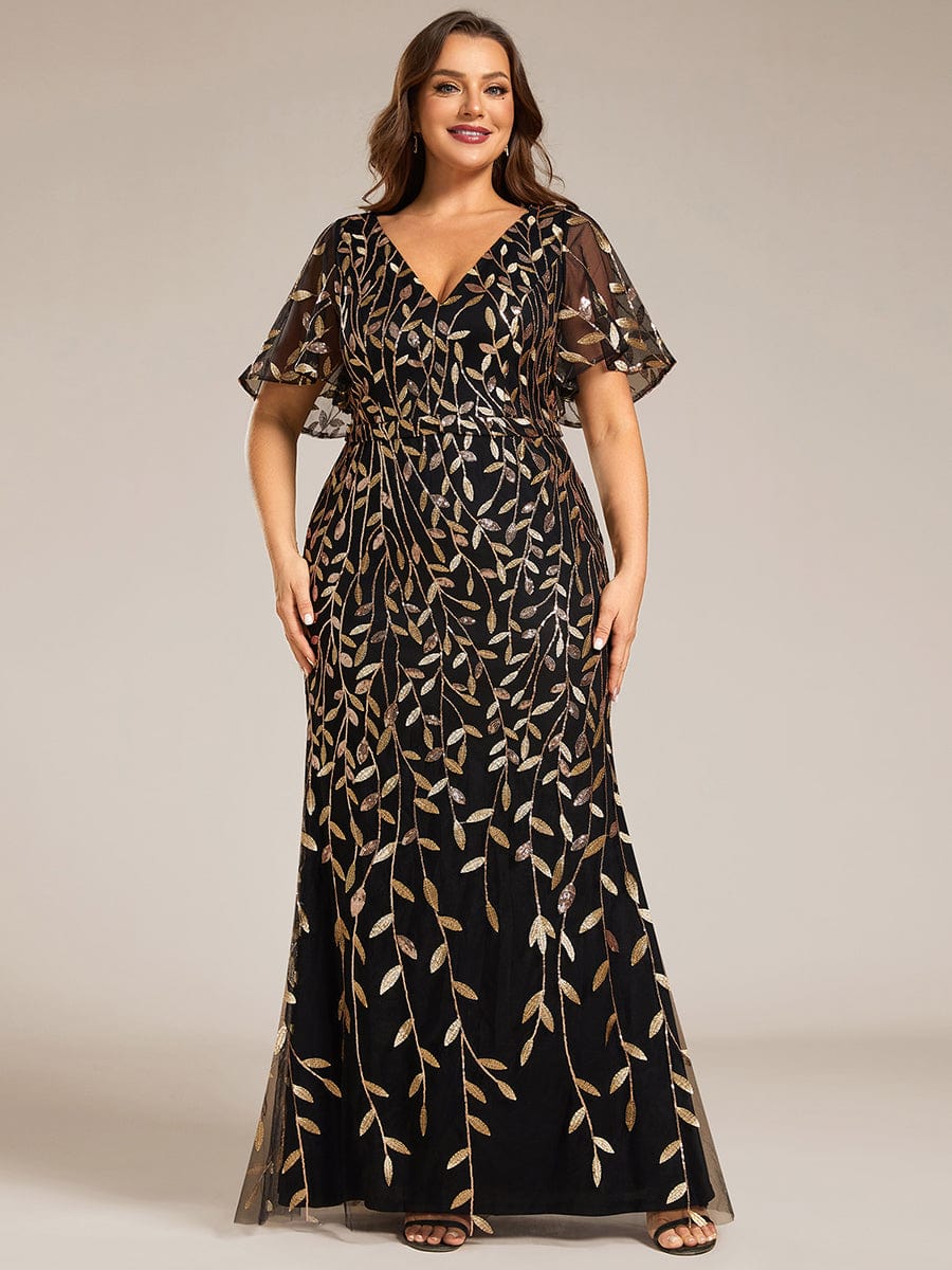 Robe de soirée sirène à paillettes et tulle à col en V grande taille #Couleur_Noir & Or