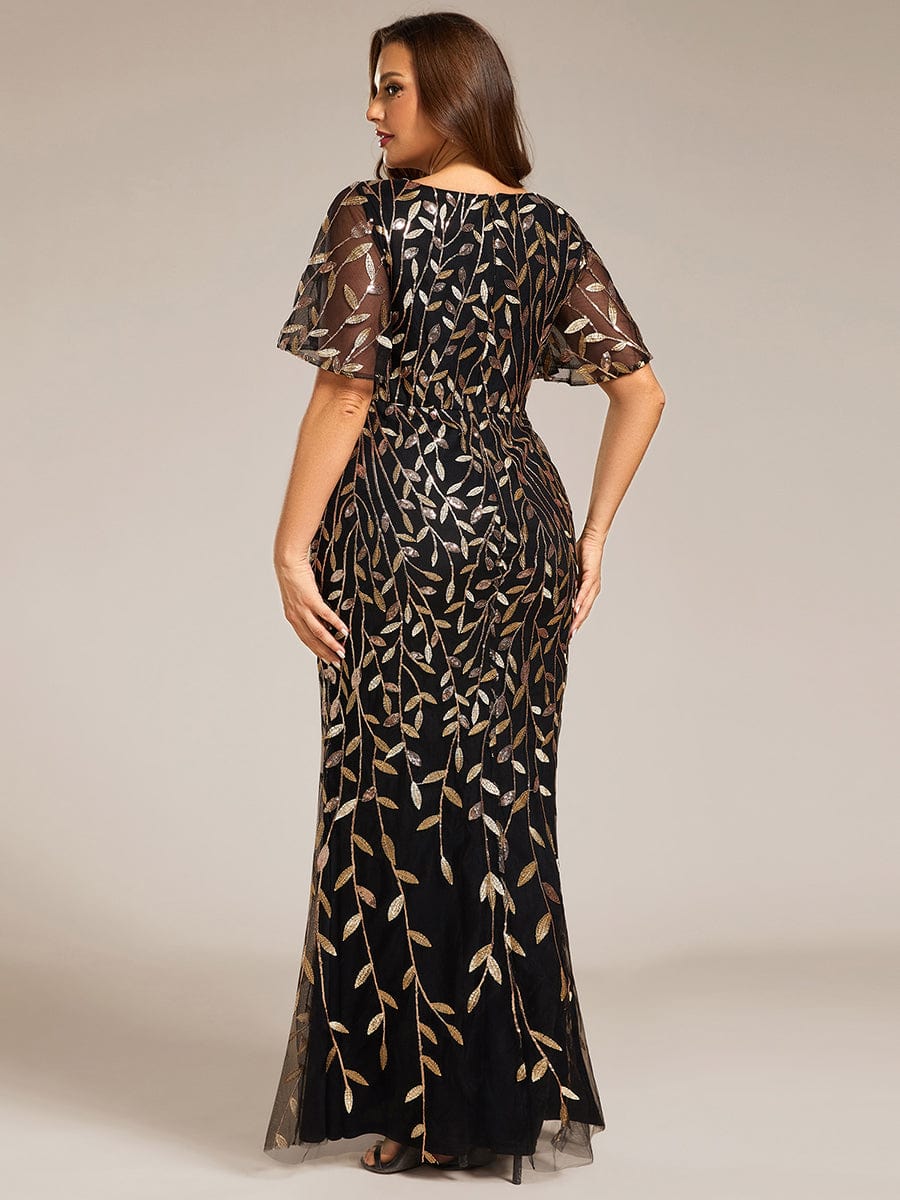 Robe de soirée sirène à paillettes et tulle à col en V grande taille #Couleur_Noir & Or