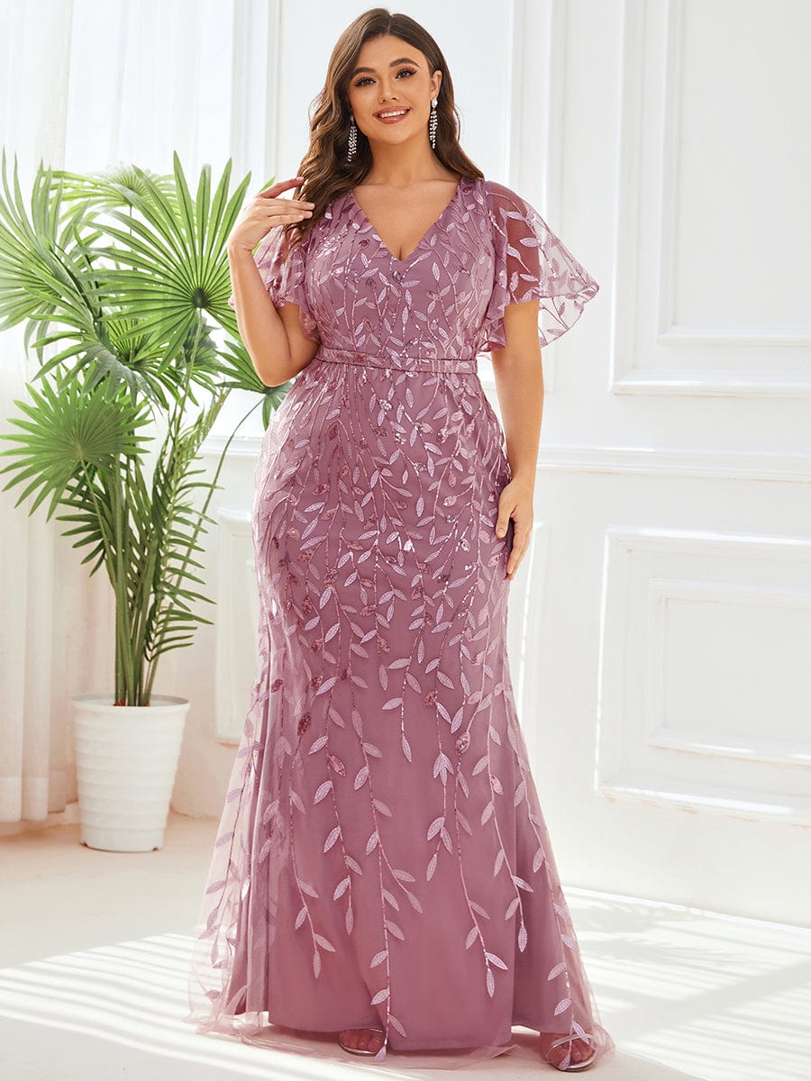 Robe de soirée sirène à paillettes et tulle à col en V grande taille #Couleur_Orchidee