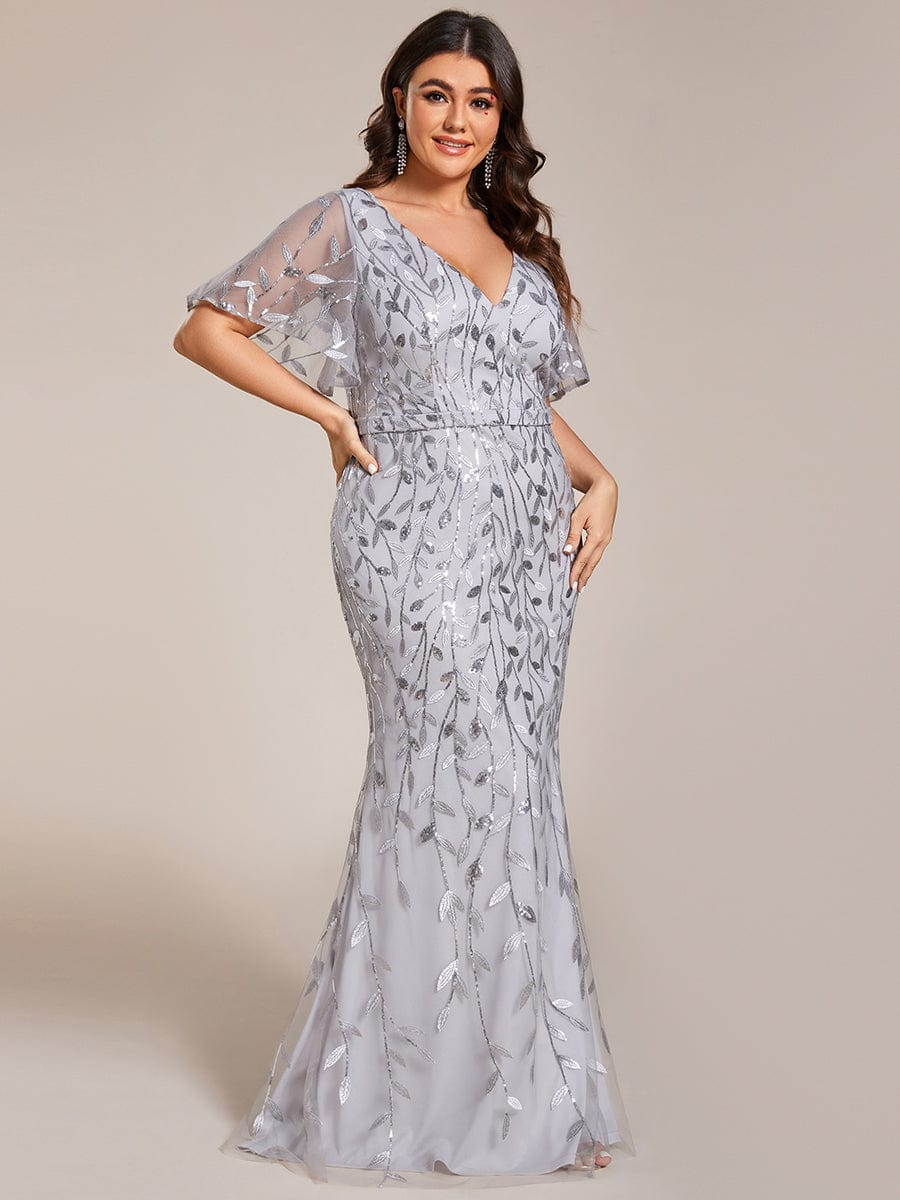 Robe de soirée sirène à paillettes et tulle à col en V grande taille #Couleur_Argent