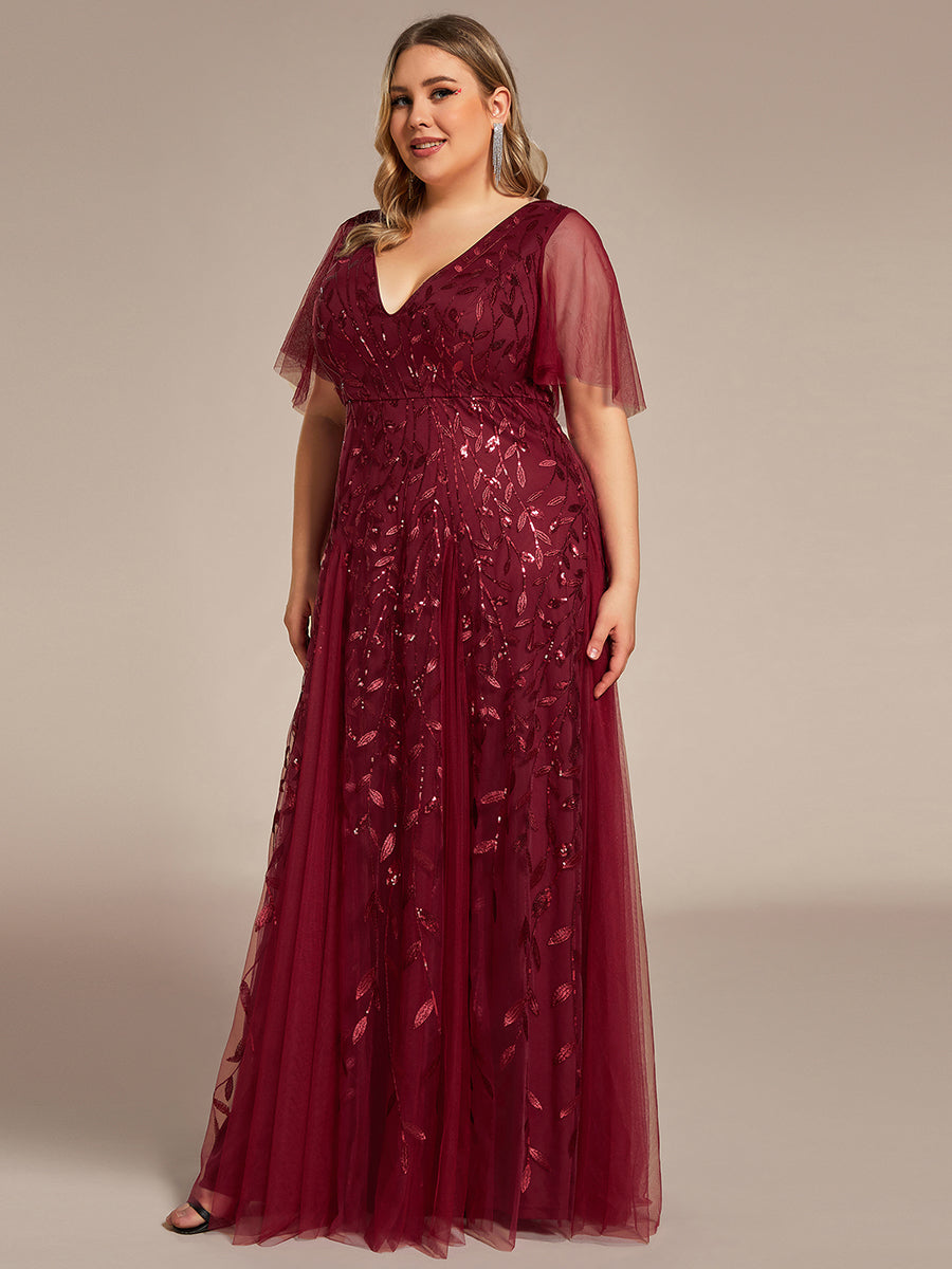 Robe d'Invité de Superbe Mariage Longue à Col en V et Manches à Volants #Couleur_Bordeaux