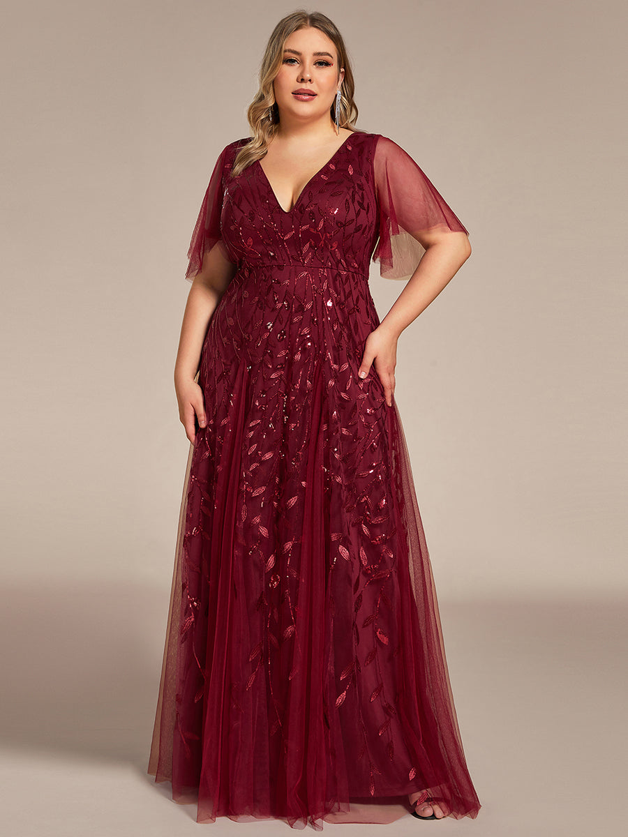 Grande Taille Robe de Soirée Romantique Scintillante à col en V et Manches à Volants #Couleur_Bordeaux