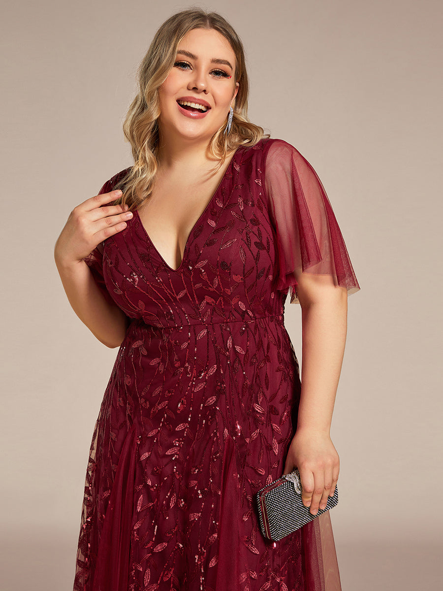 Robe d'Invité de Superbe Mariage Longue à Col en V et Manches à Volants #Couleur_Bordeaux