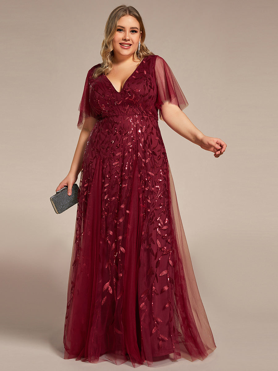 Grande Taille Robe de Soirée Romantique Scintillante à col en V et Manches à Volants #Couleur_Bordeaux