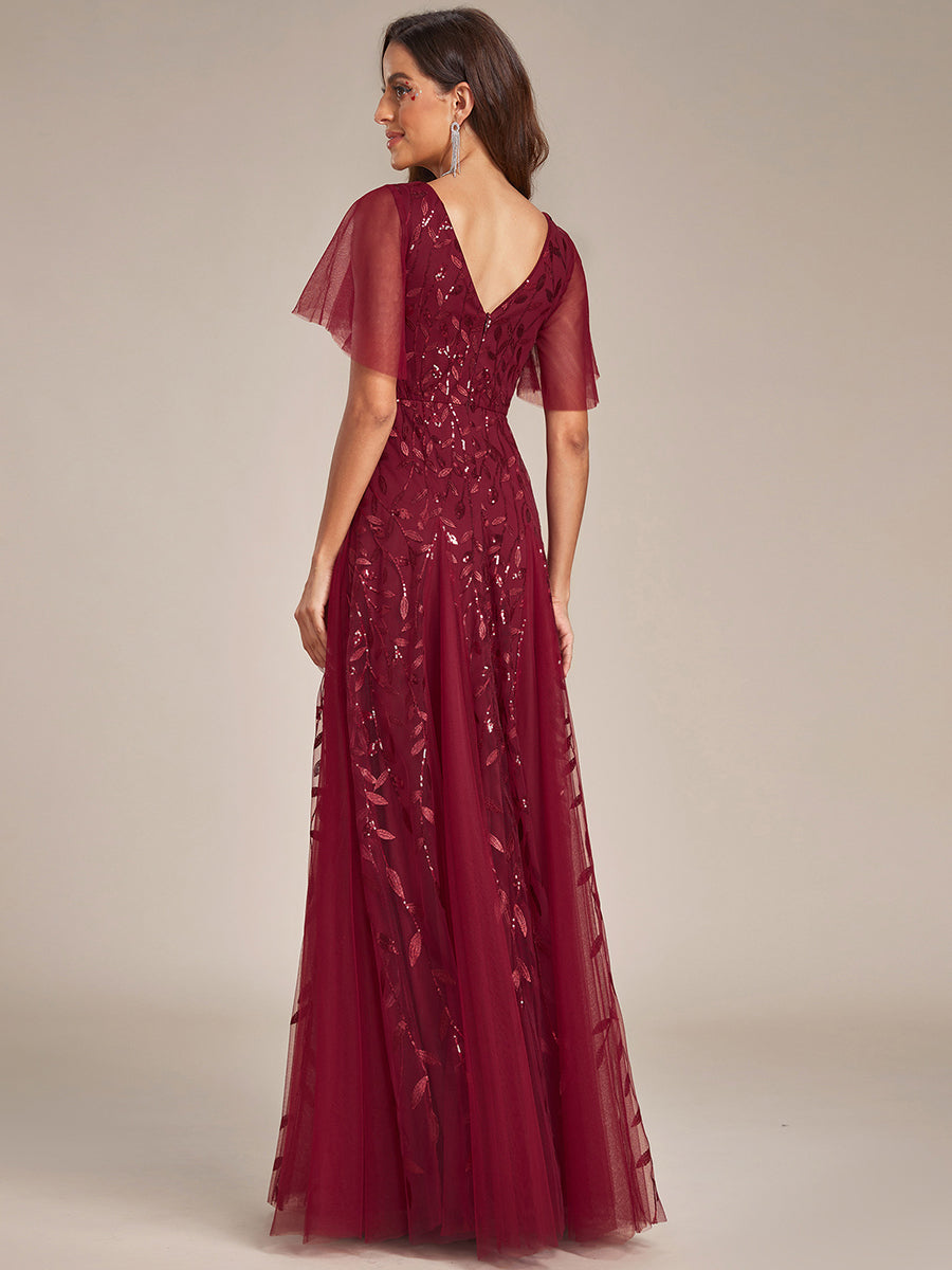 Robe d'Invité de Superbe Mariage Longue à Col en V et Manches à Volants #Couleur_Bordeaux