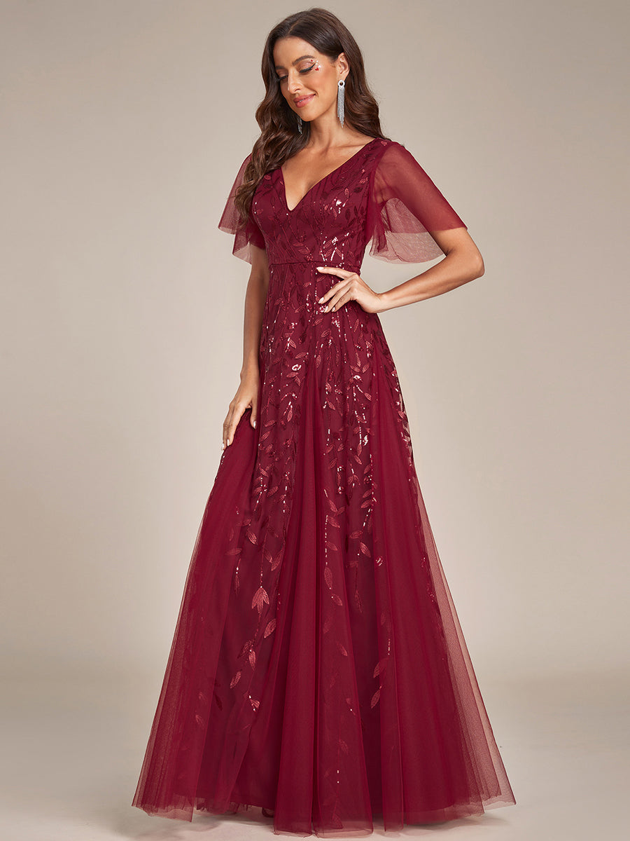 Robe d'Invité de Superbe Mariage Longue à Col en V et Manches à Volants #Couleur_Bordeaux