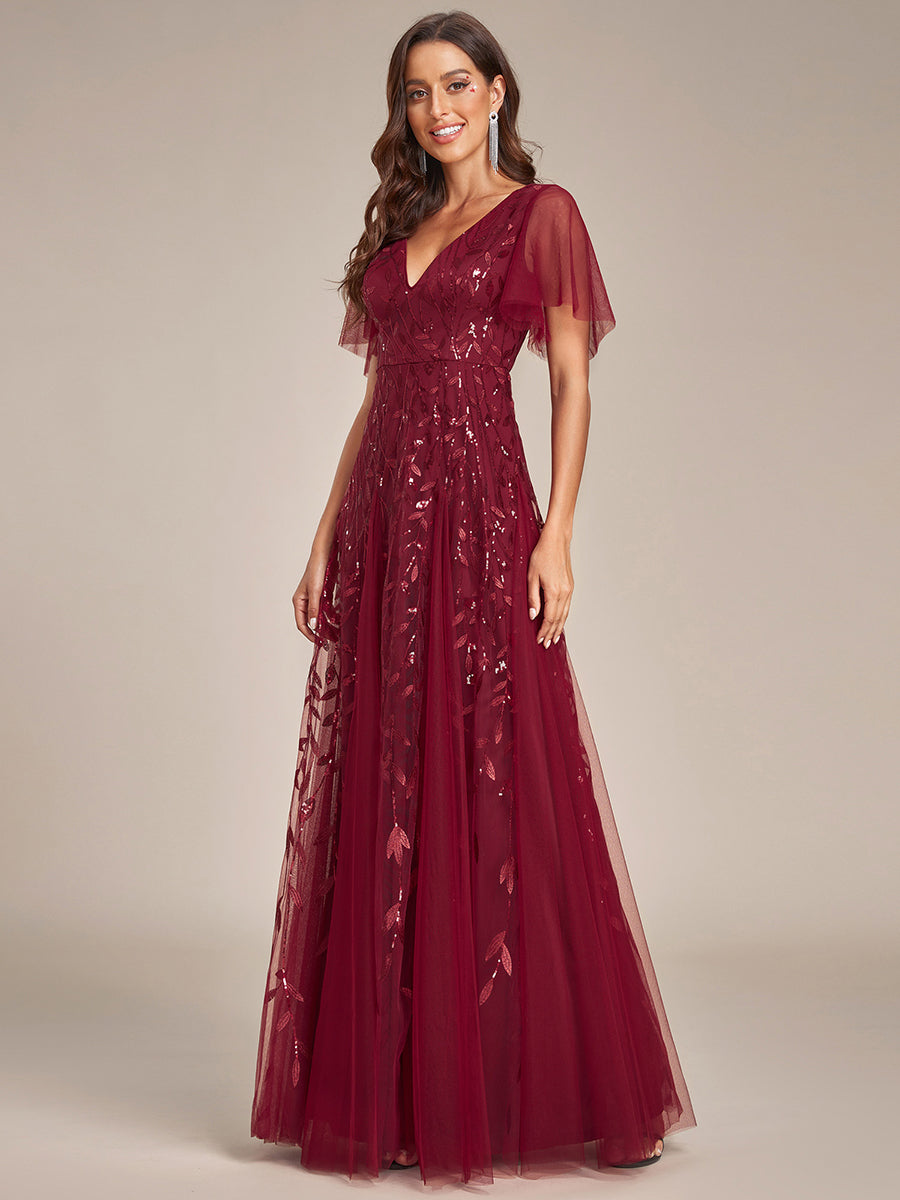 Robe d'Invité de Superbe Mariage Longue à Col en V et Manches à Volants #Couleur_Bordeaux