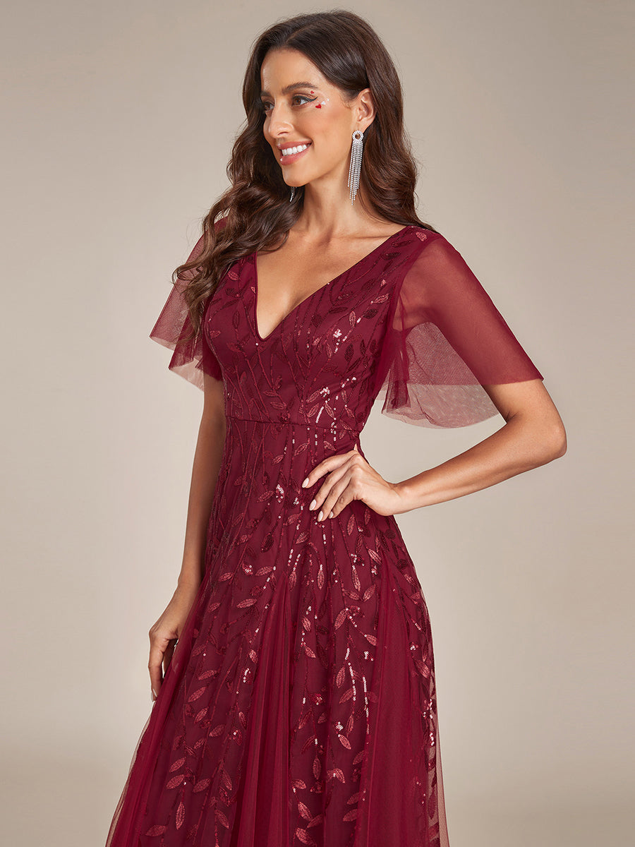 Robe d'Invité de Superbe Mariage Longue à Col en V et Manches à Volants #Couleur_Bordeaux