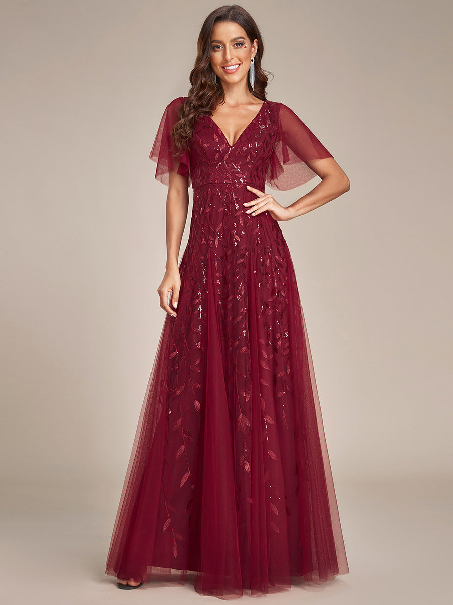 Robe d'Invité de Superbe Mariage Longue à Col en V et Manches à Volants #Couleur_Bordeaux