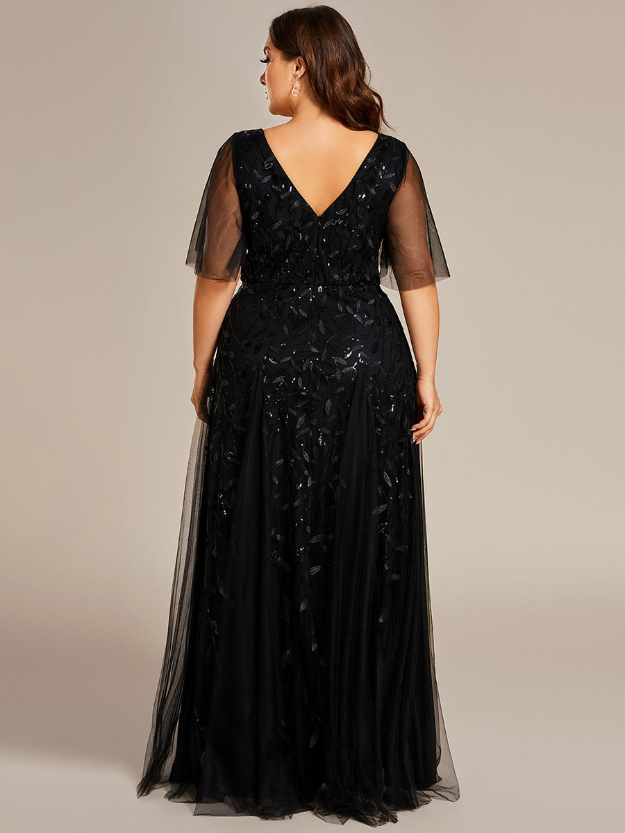 Grande Taille Robe de Soirée Romantique Scintillante à col en V et Manches à Volants #Couleur_Noir