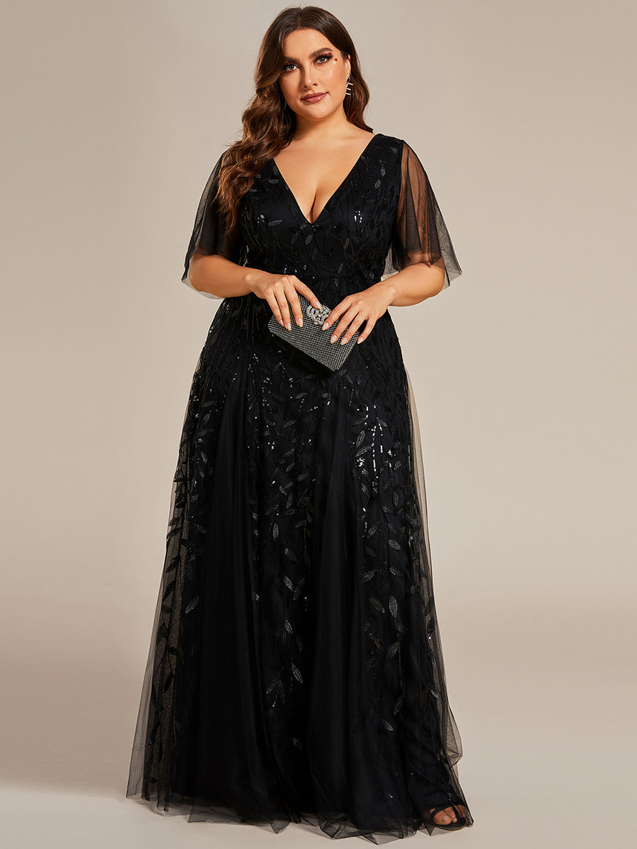 Robe d'Invité de Superbe Mariage Longue à Col en V et Manches à Volants #Couleur_Noir