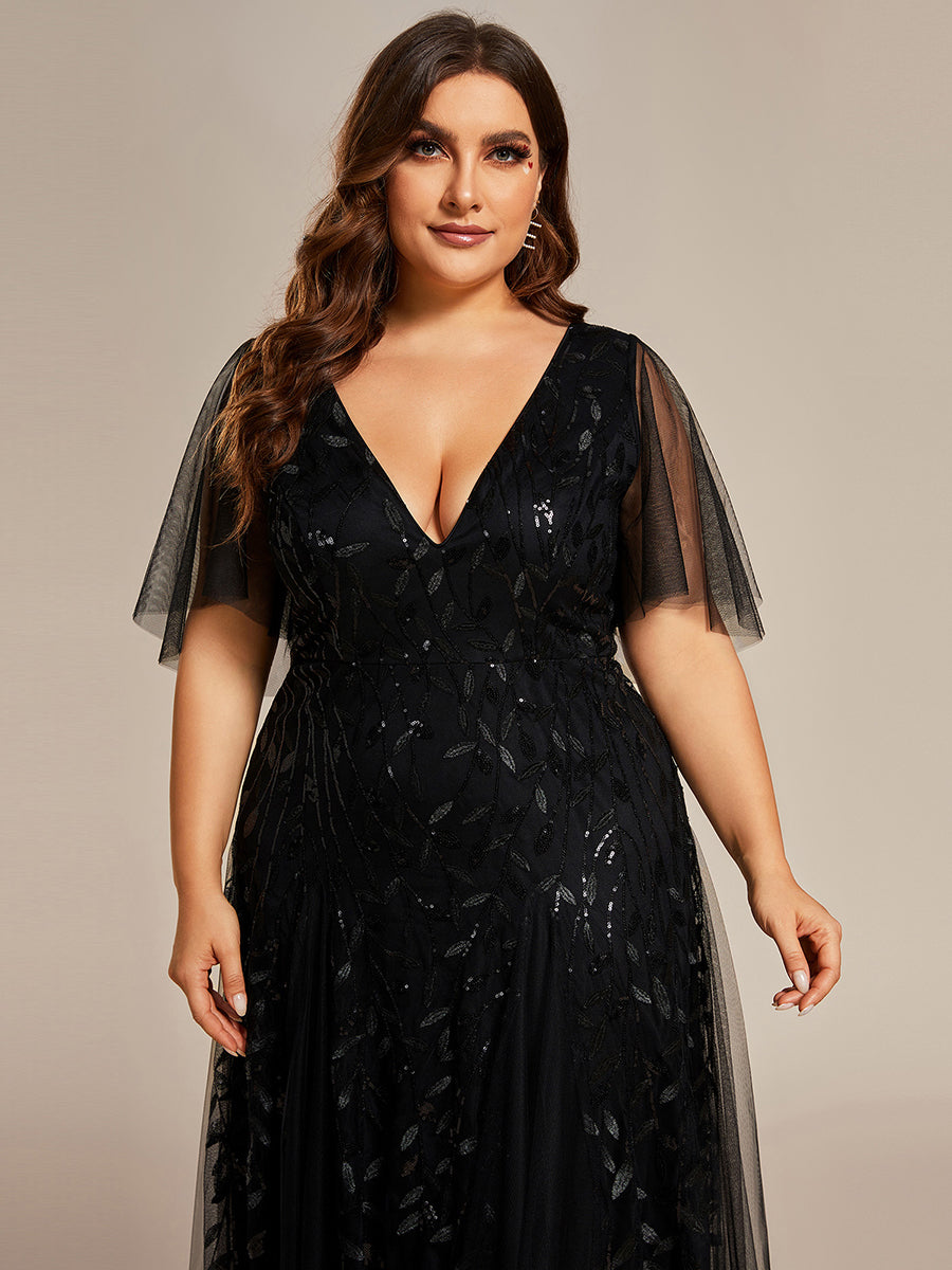 Robe d'Invité de Superbe Mariage Longue à Col en V et Manches à Volants #Couleur_Noir