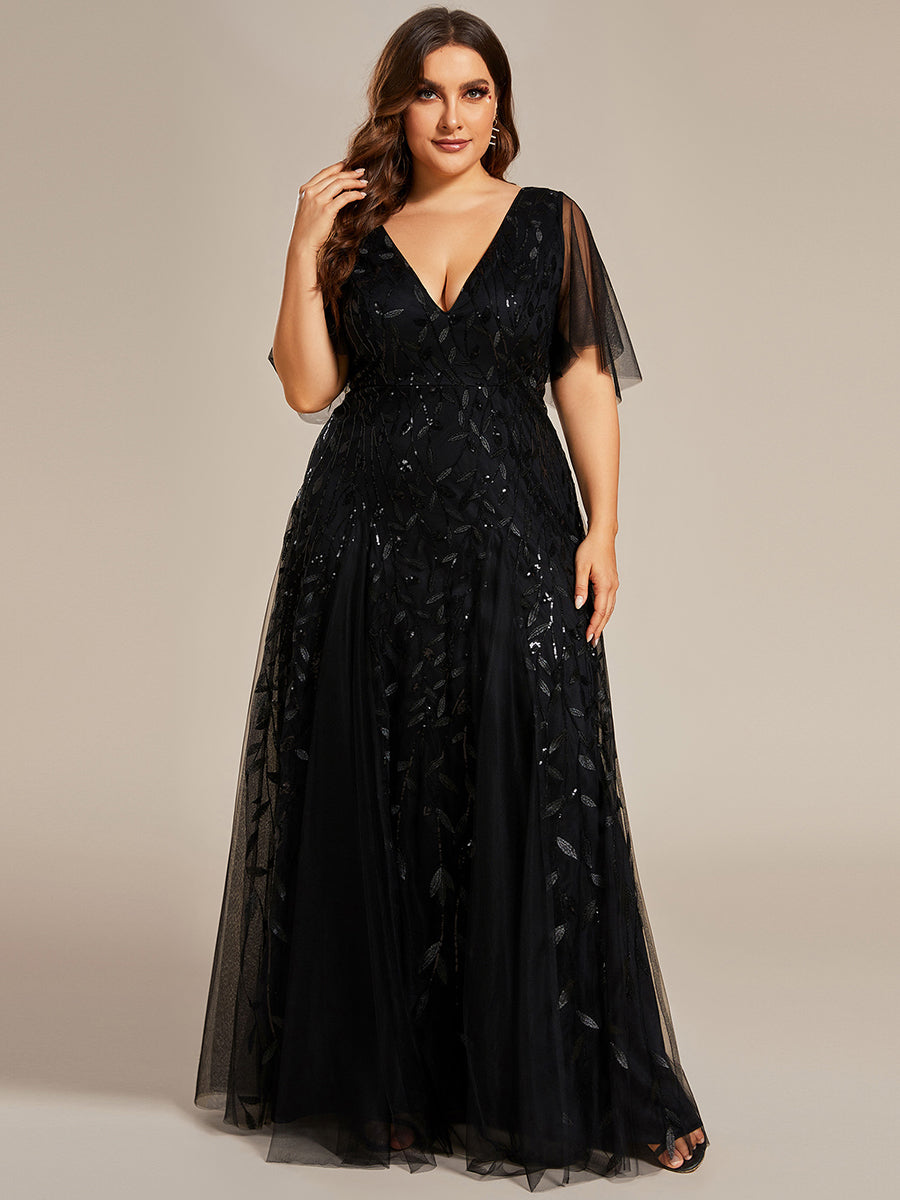 Grande Taille Robe de Soirée Romantique Scintillante à col en V et Manches à Volants #Couleur_Noir