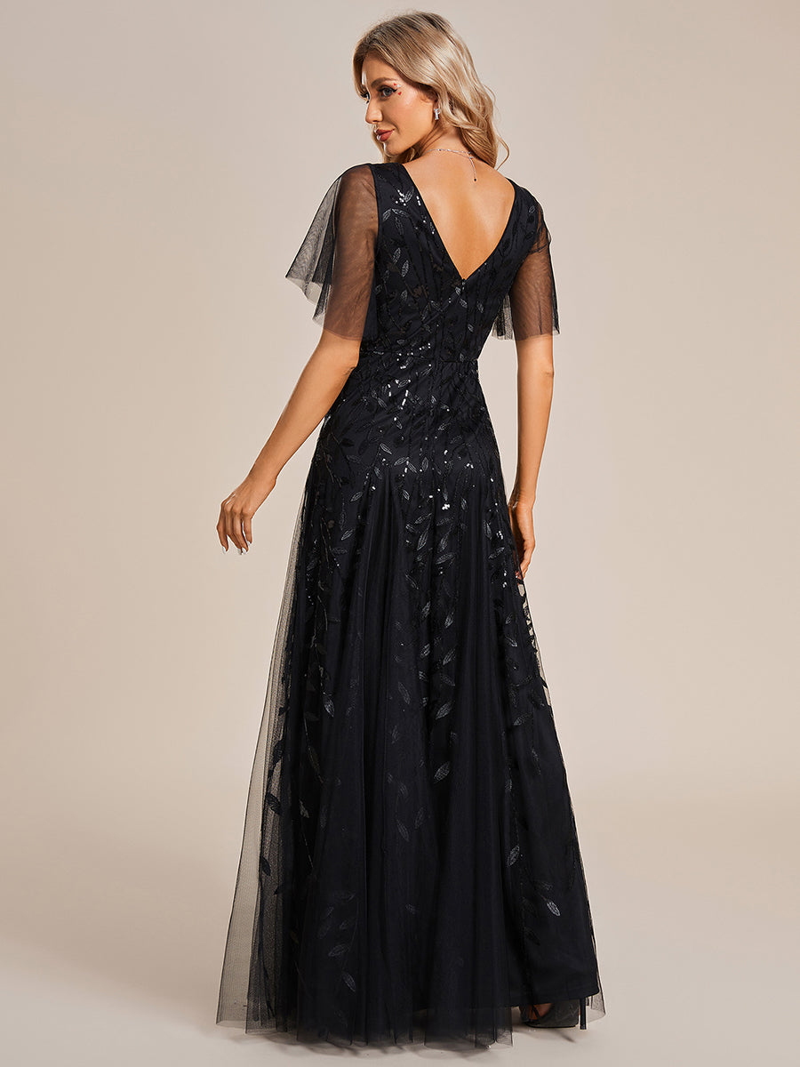 Robe d'Invité de Superbe Mariage Longue à Col en V et Manches à Volants #Couleur_Noir