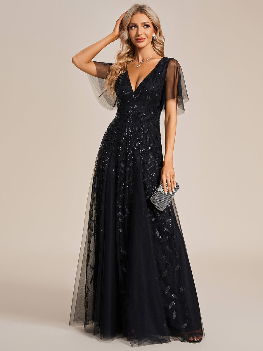 Robe d'Invité de Superbe Mariage Longue à Col en V et Manches à Volants #Couleur_Noir