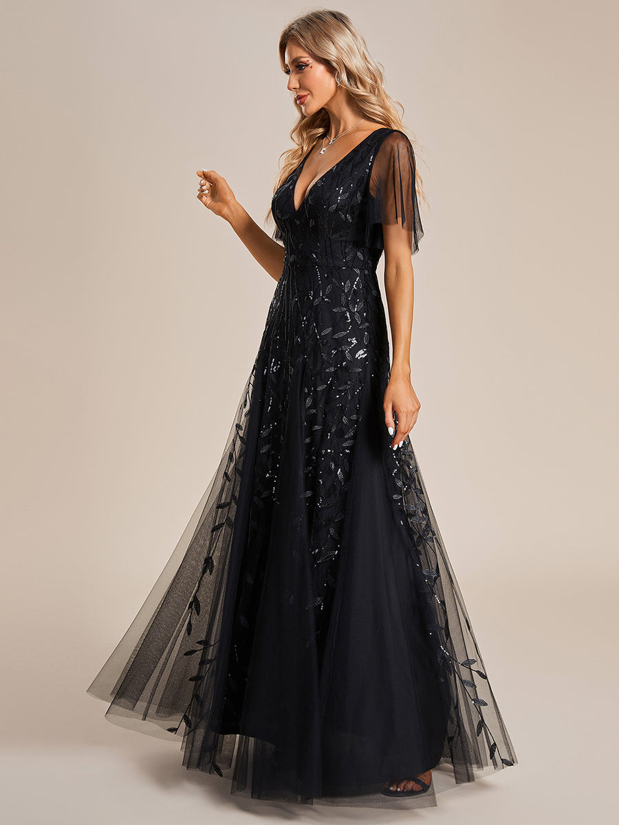 Robe d'Invité de Superbe Mariage Longue à Col en V et Manches à Volants #Couleur_Noir