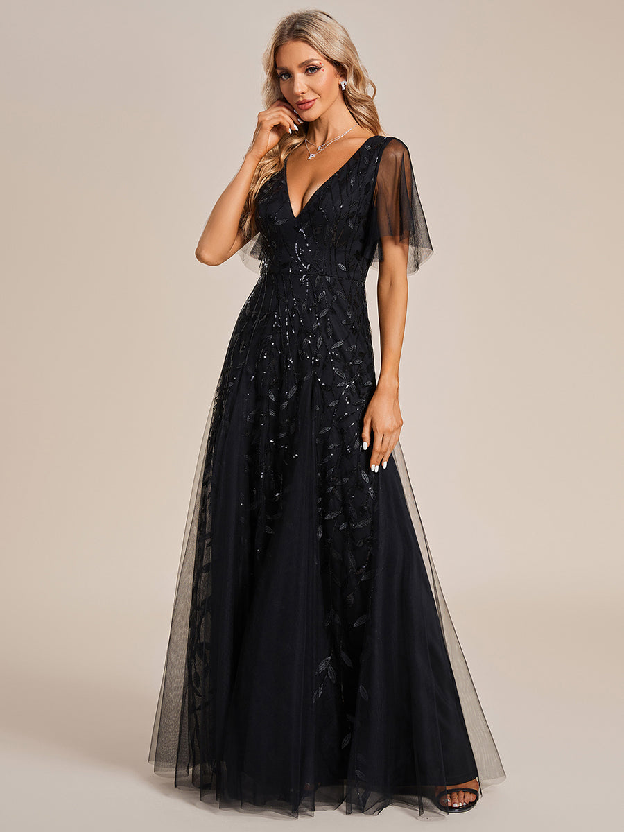 Robe d'Invité de Superbe Mariage Longue à Col en V et Manches à Volants #Couleur_Noir