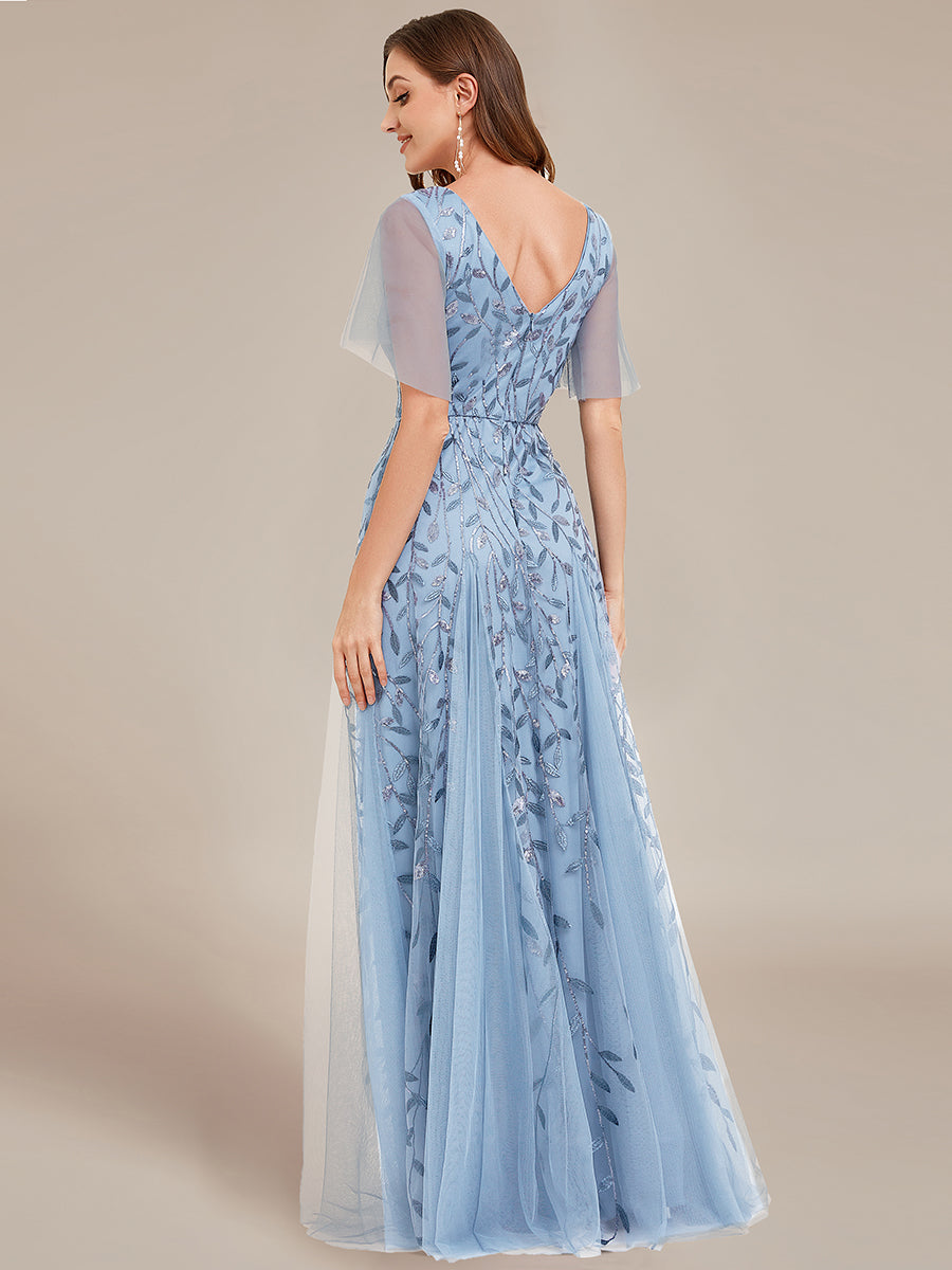 Robe d'Invité de Superbe Mariage Longue à Col en V et Manches à Volants #Couleur_Bleu Ciel