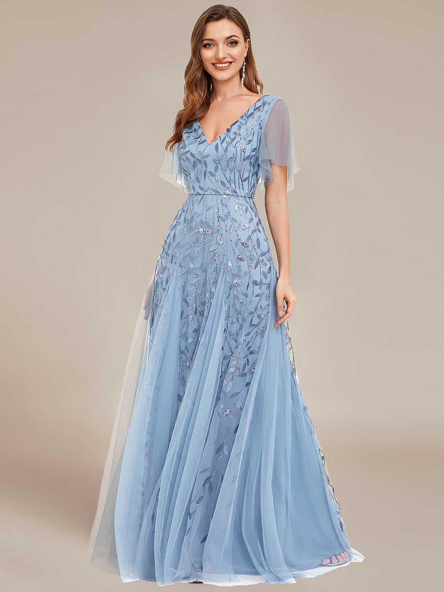 Robe d'Invité de Superbe Mariage Longue à Col en V et Manches à Volants #Couleur_Bleu Ciel