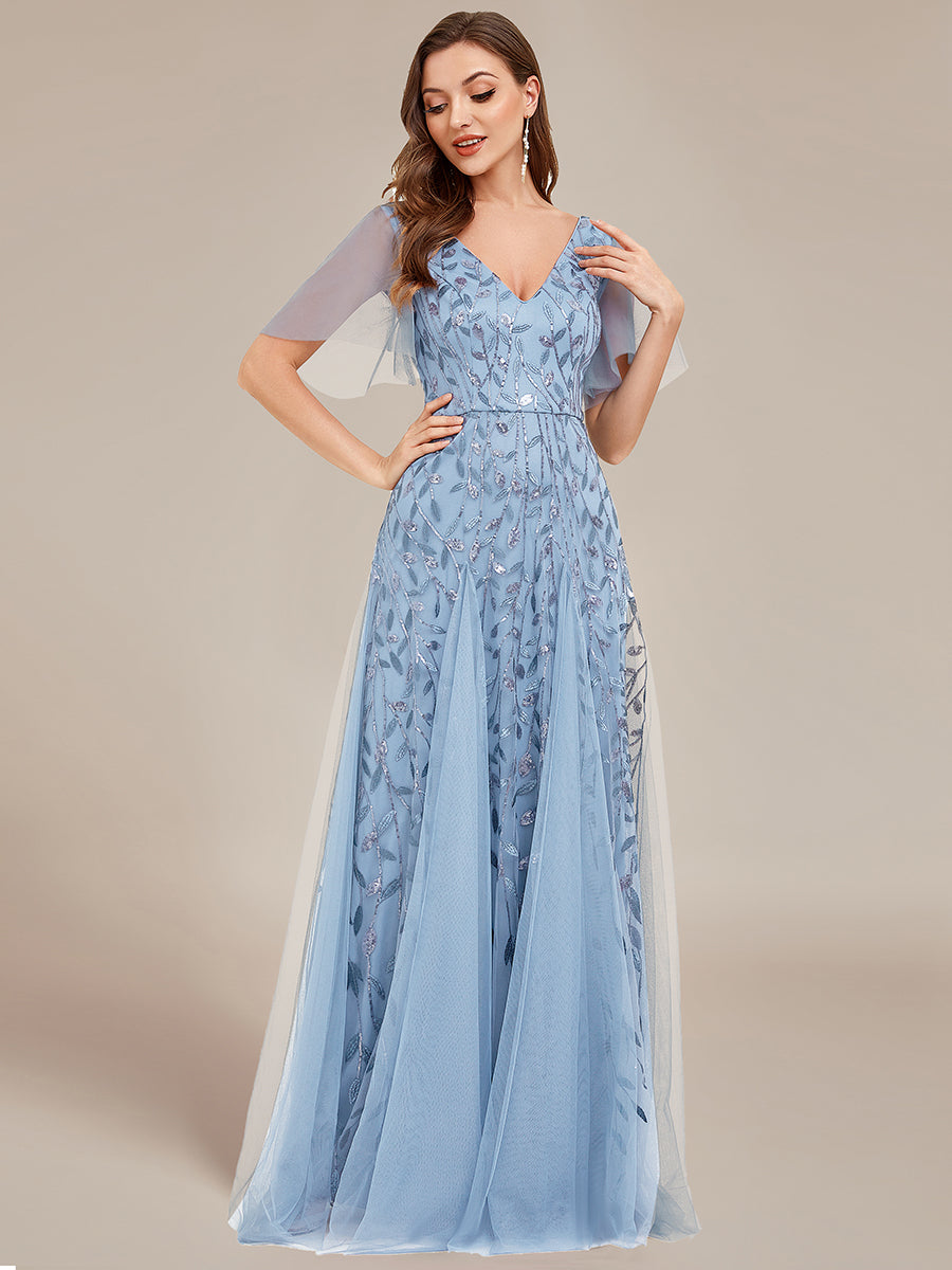 Robe d'Invité de Superbe Mariage Longue à Col en V et Manches à Volants #Couleur_Bleu Ciel