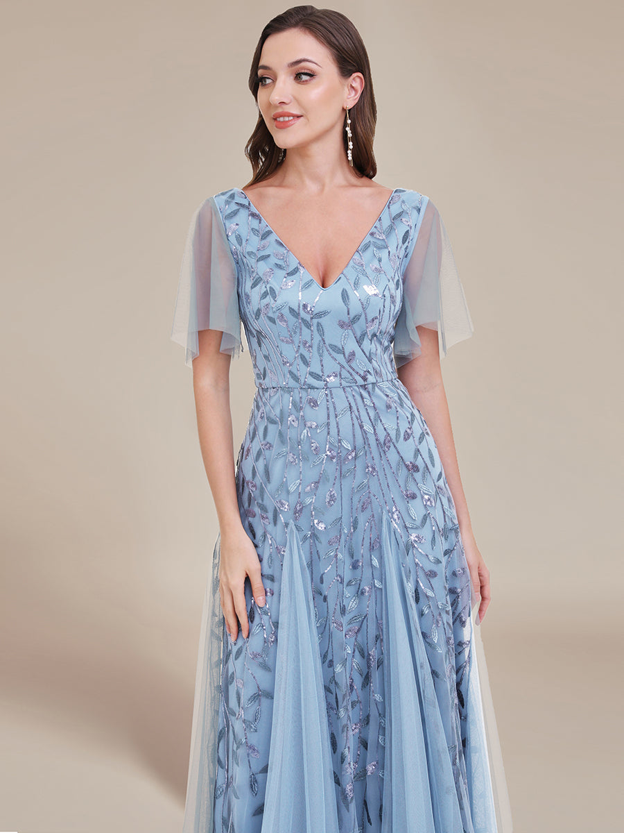 Robe d'Invité de Superbe Mariage Longue à Col en V et Manches à Volants #Couleur_Bleu Ciel