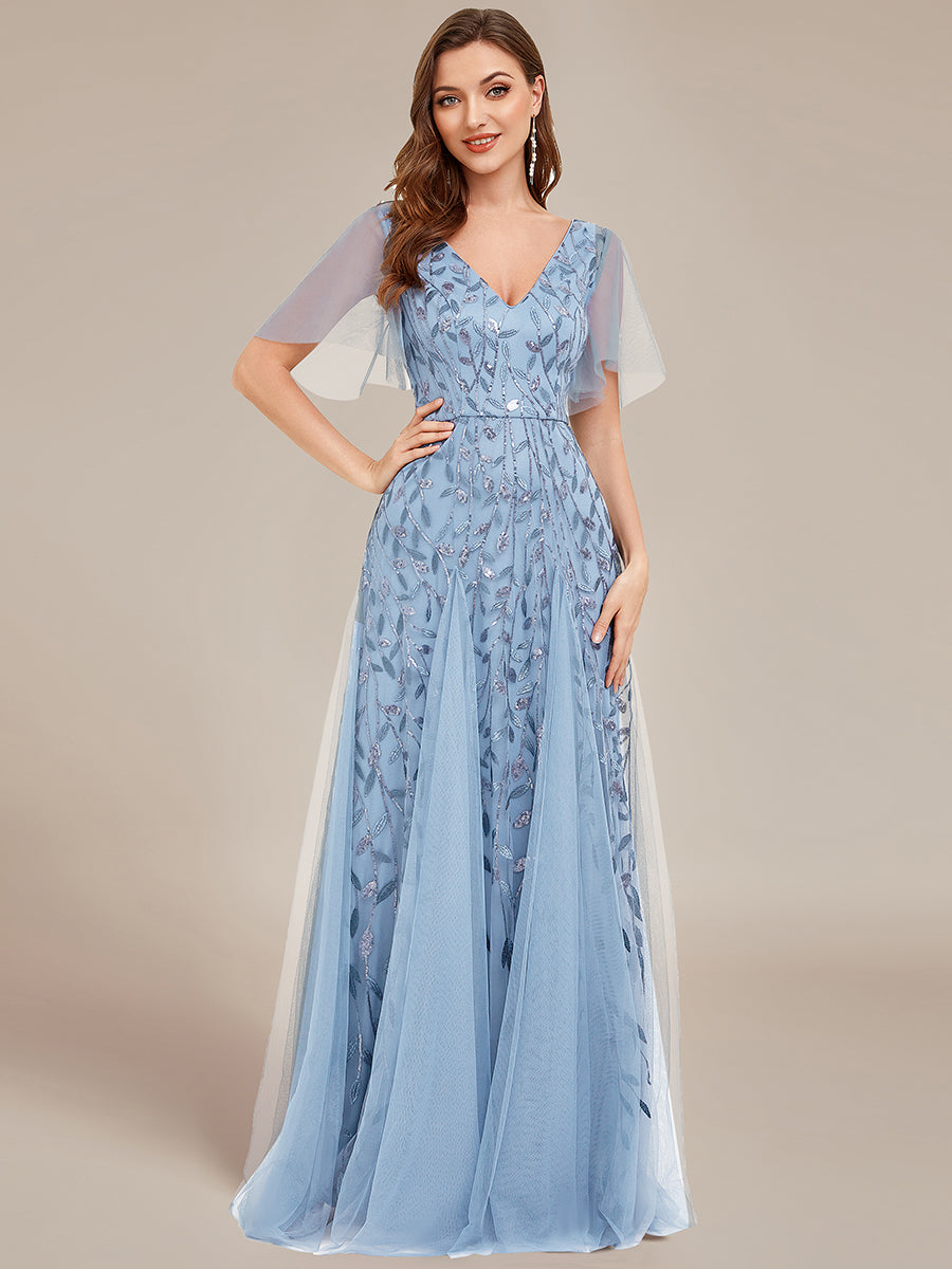 Robe d'Invité de Superbe Mariage Longue à Col en V et Manches à Volants #Couleur_Bleu Ciel