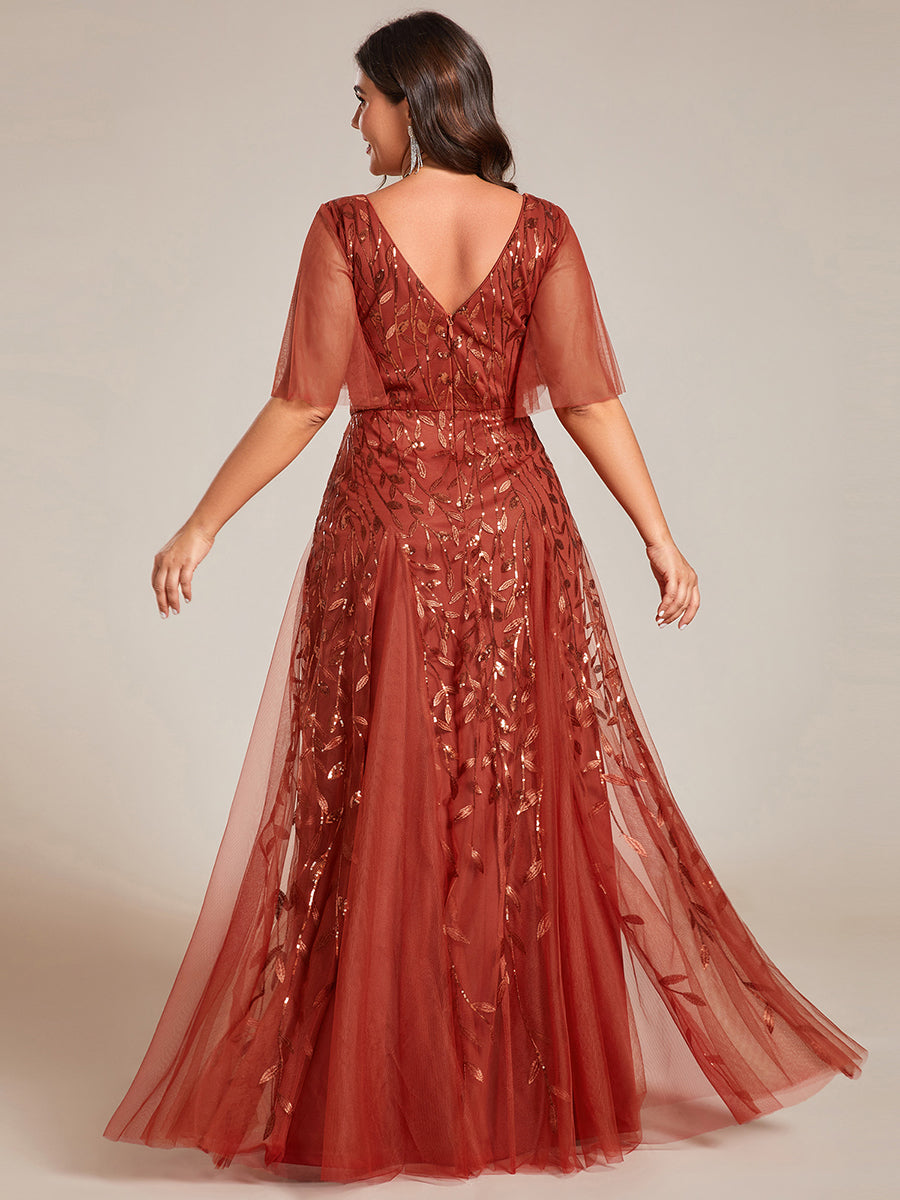 Grande Taille Robe de Soirée Romantique Scintillante à col en V et Manches à Volants #Couleur_Burnt Orange