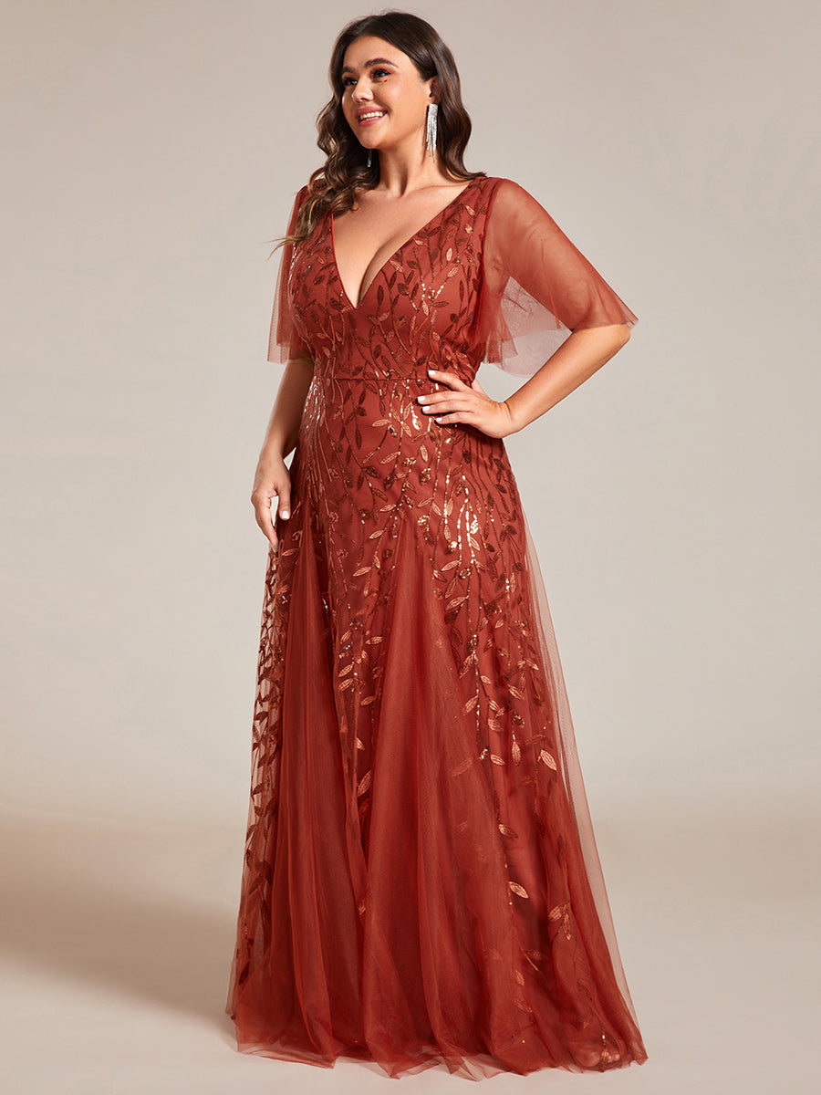 Robe d'Invité de Superbe Mariage Longue à Col en V et Manches à Volants #Couleur_Burnt Orange