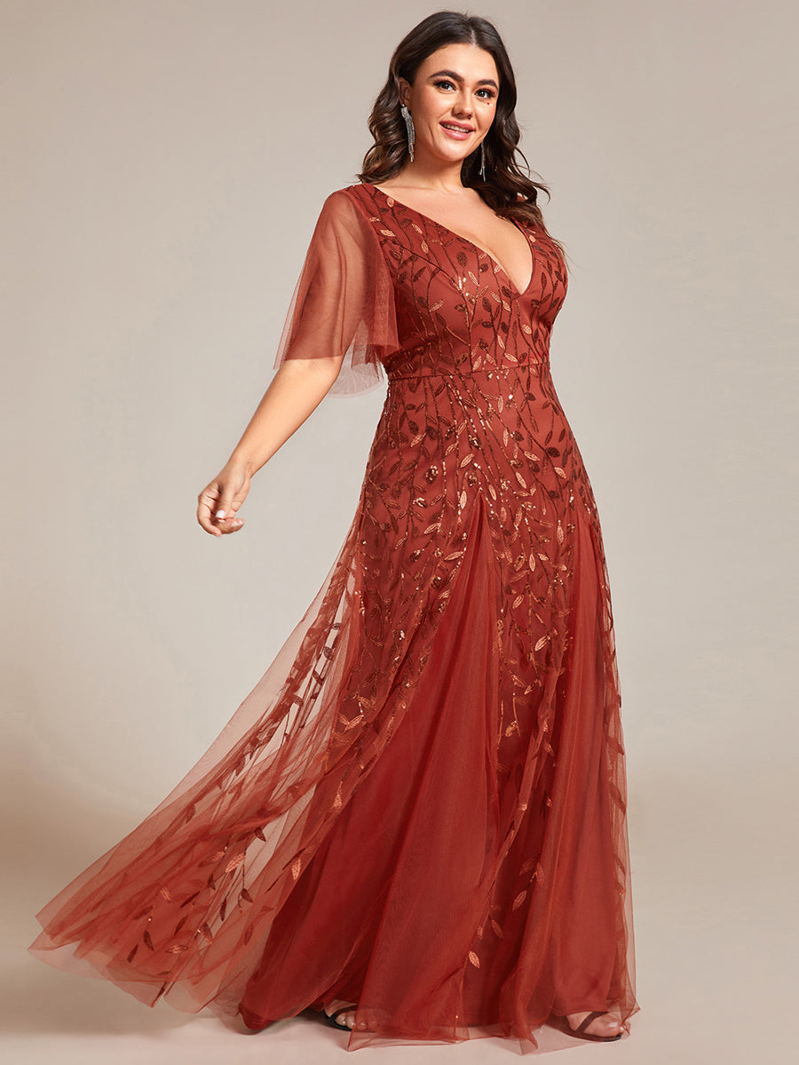 Grande Taille Robe de Soirée Romantique Scintillante à col en V et Manches à Volants #Couleur_Burnt Orange