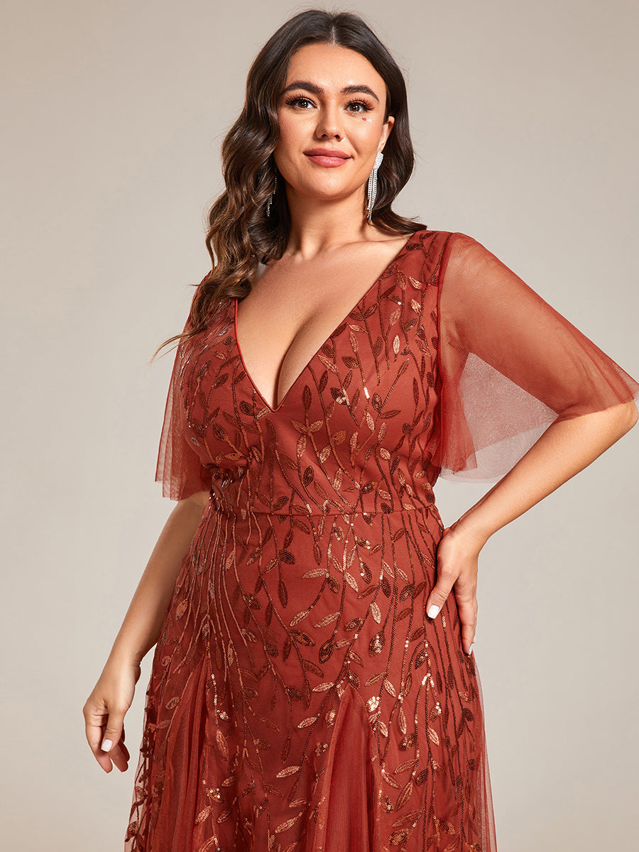 Grande Taille Robe de Soirée Romantique Scintillante à col en V et Manches à Volants #Couleur_Burnt Orange